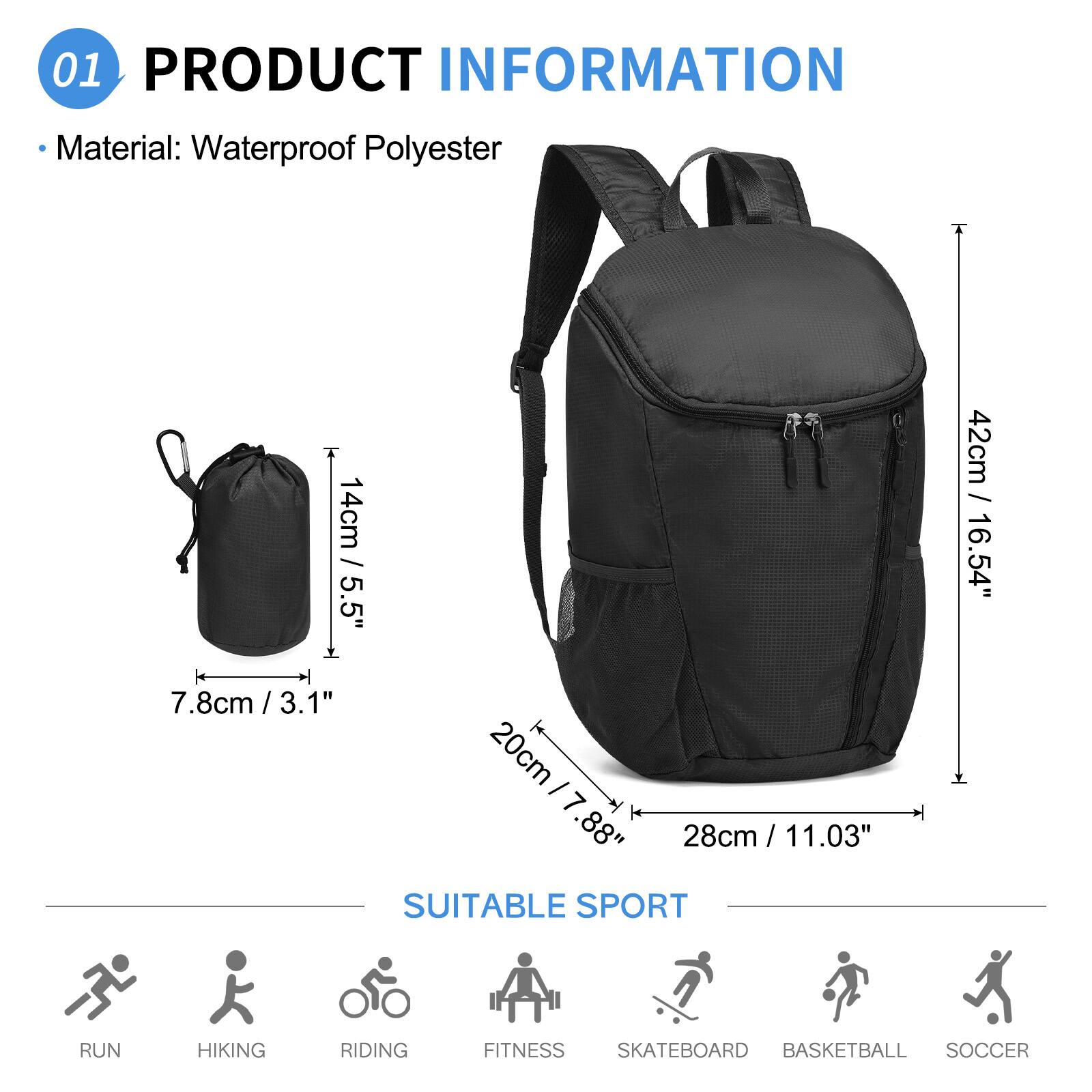 01 PRODUCT INFORMATION  
Material: Waterproof Polyester  
14cm / 5.5"  
7.8cm / 3.1"  
20cm / 7.88"  
28cm / 11.03"  
42cm / 16.54"  

SUITABLE SPORT  
RUN  
HIKING  
RIDING  
FITNESS  
SKATEBOARD  
BASKETBALL  
SOCCER