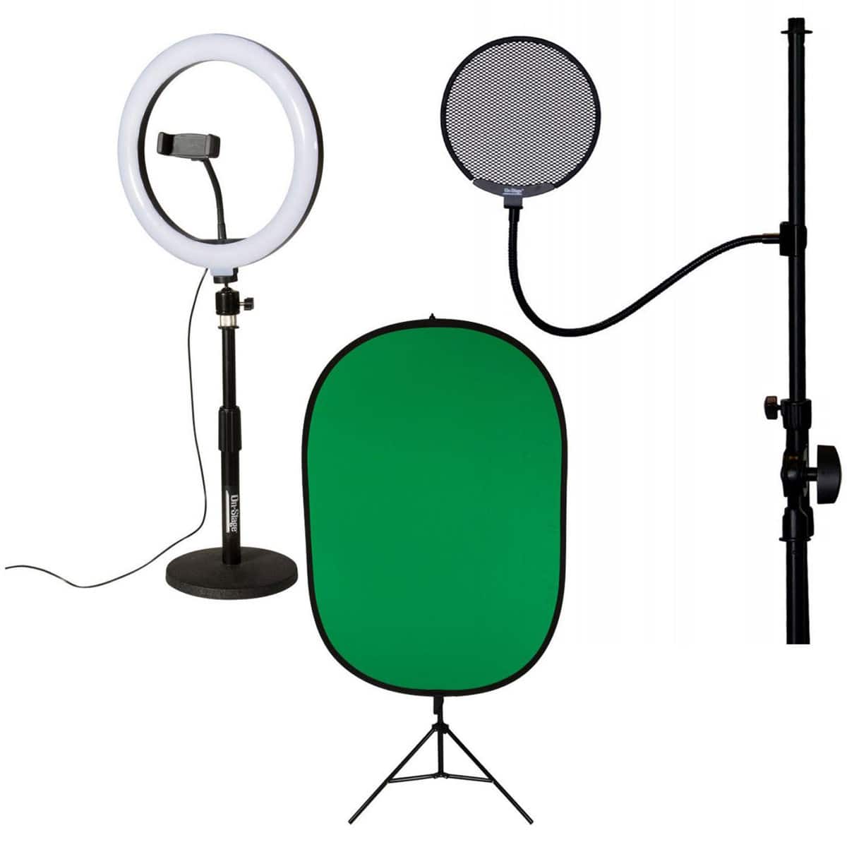 On Stage Stands - On-Stage VLD360 10" LED Ring Light Kit - With VSM3000 Green Screen Kit with Lighting Stand, ASVSM5-B Metal Pop Blocker