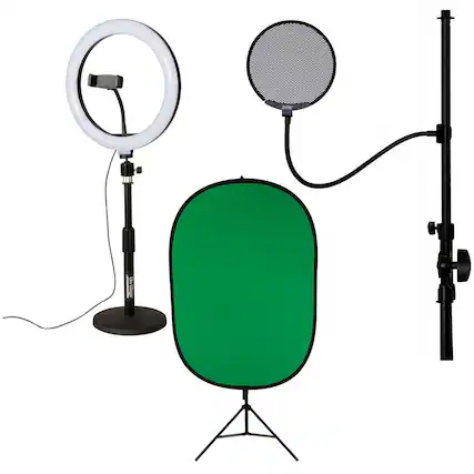 Front. On Stage Stands - On-Stage VLD360 10" LED Ring Light Kit - With VSM3000 Green Screen Kit with Lighting Stand, ASVSM5-B Metal Pop Blocker.