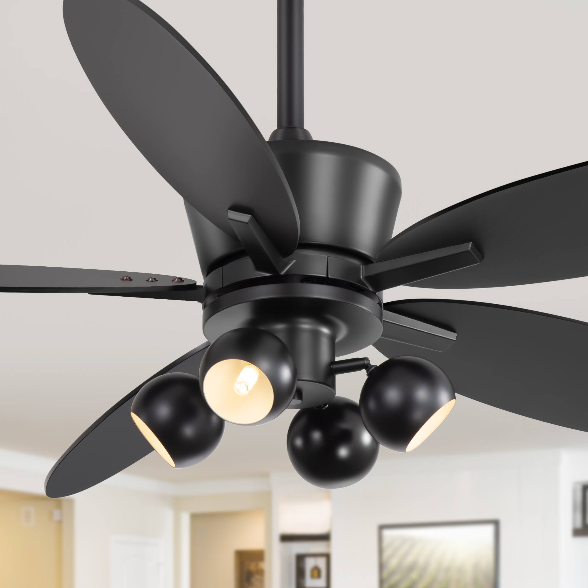 Back. Breezary - 52-Inch Ceiling with Light Kit, 5 Plywood Blades, 6-Speed DC Motor, 5''&10'' Downrods, Remote & Memory Function - Matte Black.
