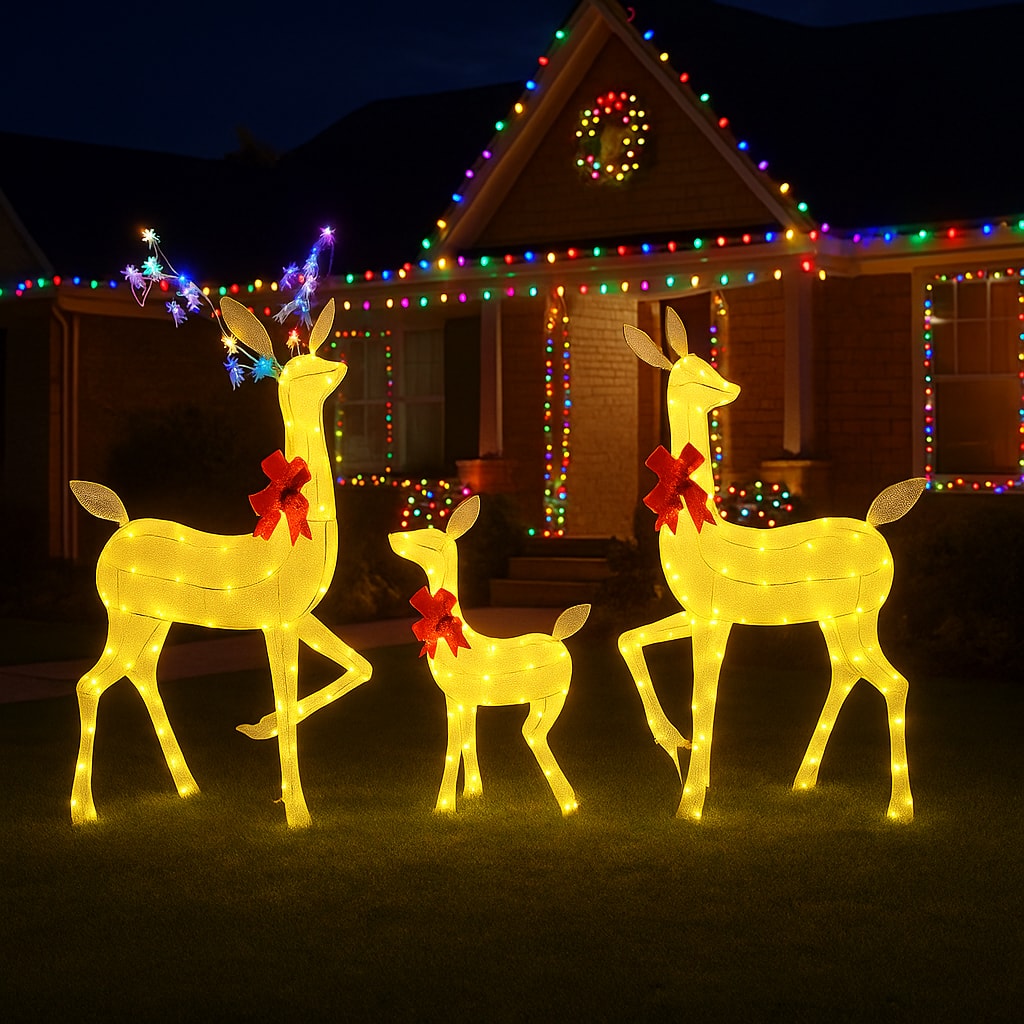 BreeBe - Outdoor Deer Set of 3 with LED and Color-Changing RGB Lights - Multicolor
