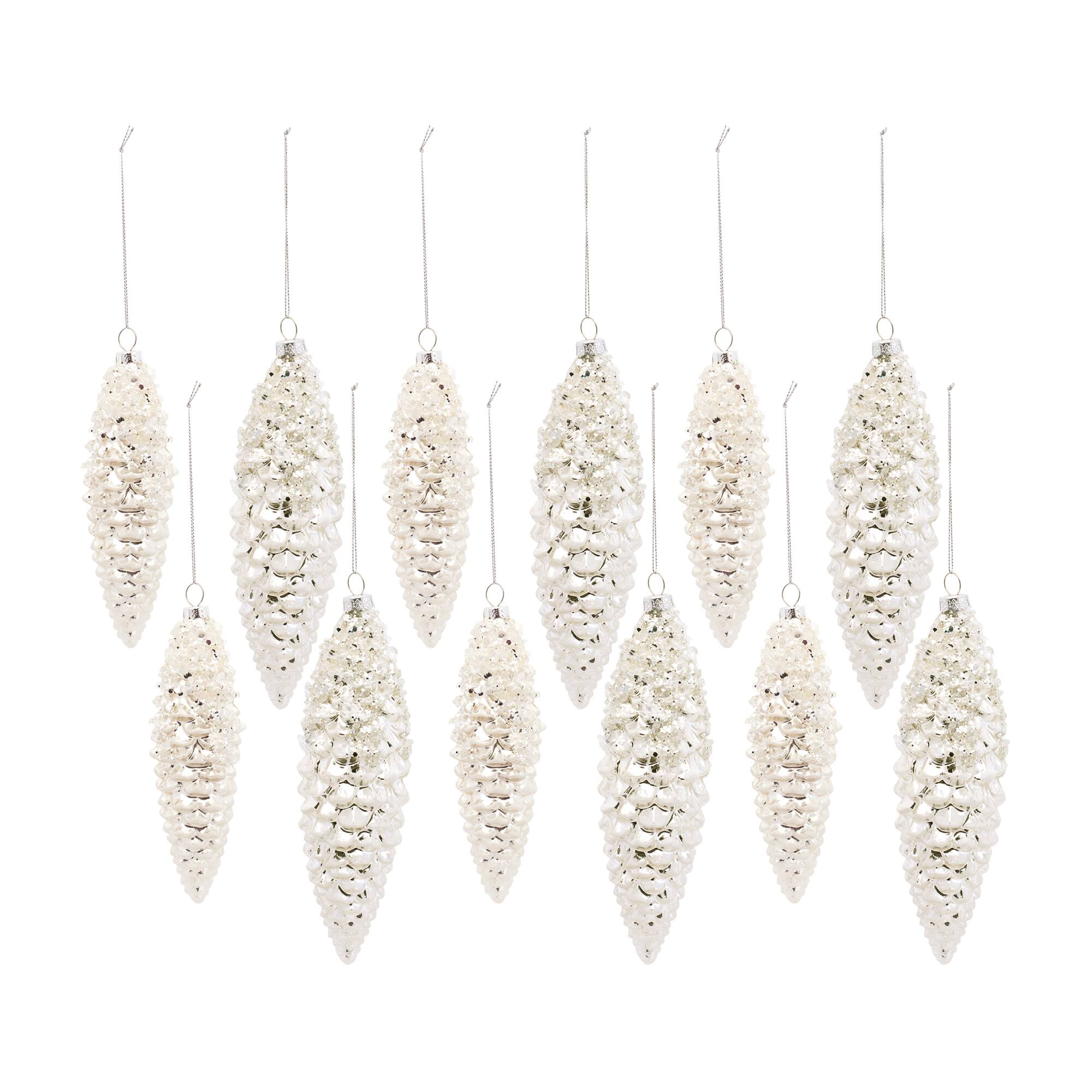 BreeBe - Frosted Pinecone Drop Ornament (Set of 12) - White