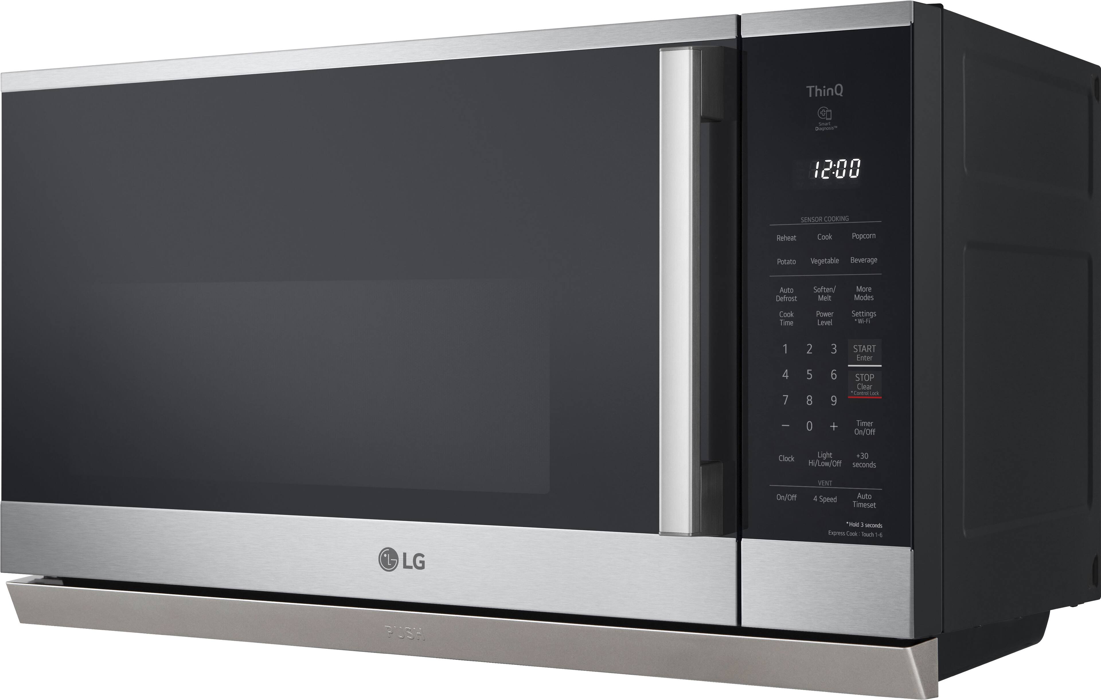 The text on the image reads: "ThinQ smart microwave oven with sensor cooking, reheat, cook, popcorn, potato, vegetable, beverage, auto defrost, soften/melt, more modes, cook time, power level settings, W 1 4 7 2 5 8 3 6 9 START Enter STOP Clear 'caboLa La I 0 + Timer On/Off Clock Light 30 Hi/Low/Off seconds On/Off VENT 4 Speed Auto Timeset 'HAl i secon Spress Cooa touch 16 LG." This text is a description of the features and settings available on the LG ThinQ smart microwave oven.