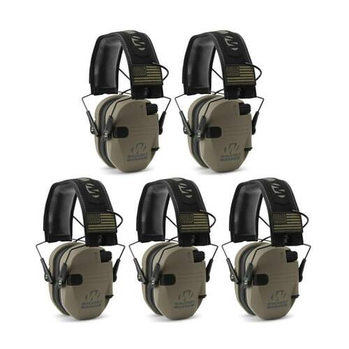 Angle. Walkers - Walker's Razor Slim Electronic Shooting Muffs 5-Pack, Flat Dark Earth FDE - Green/Tan.