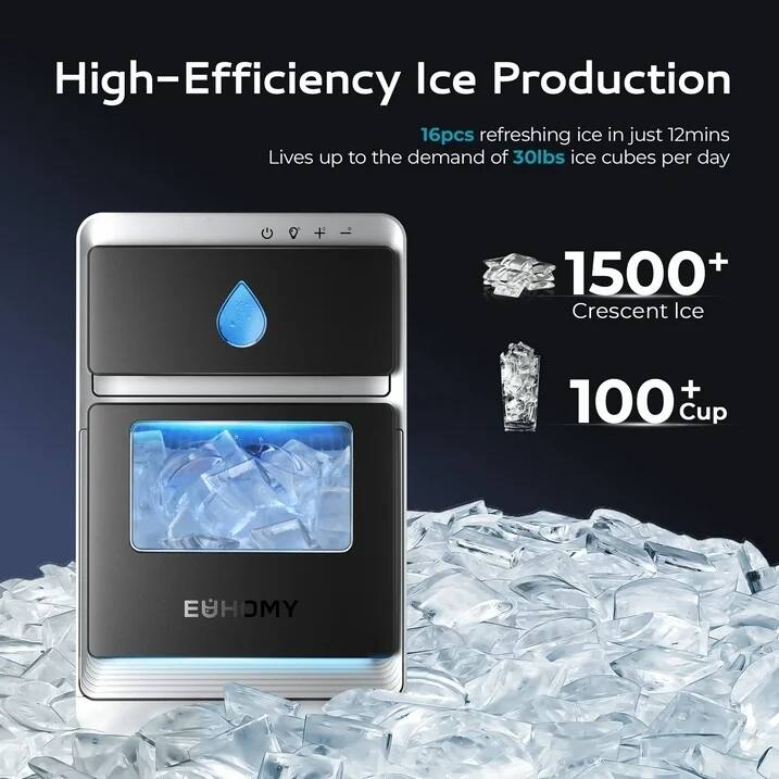 High-Efficiency Ice Production

16pcs refreshing ice in just 12mins  
Lives up to the demand of 30lbs ice cubes per day

1500+ Crescent Ice  
100+ Cup

EÜHOMY