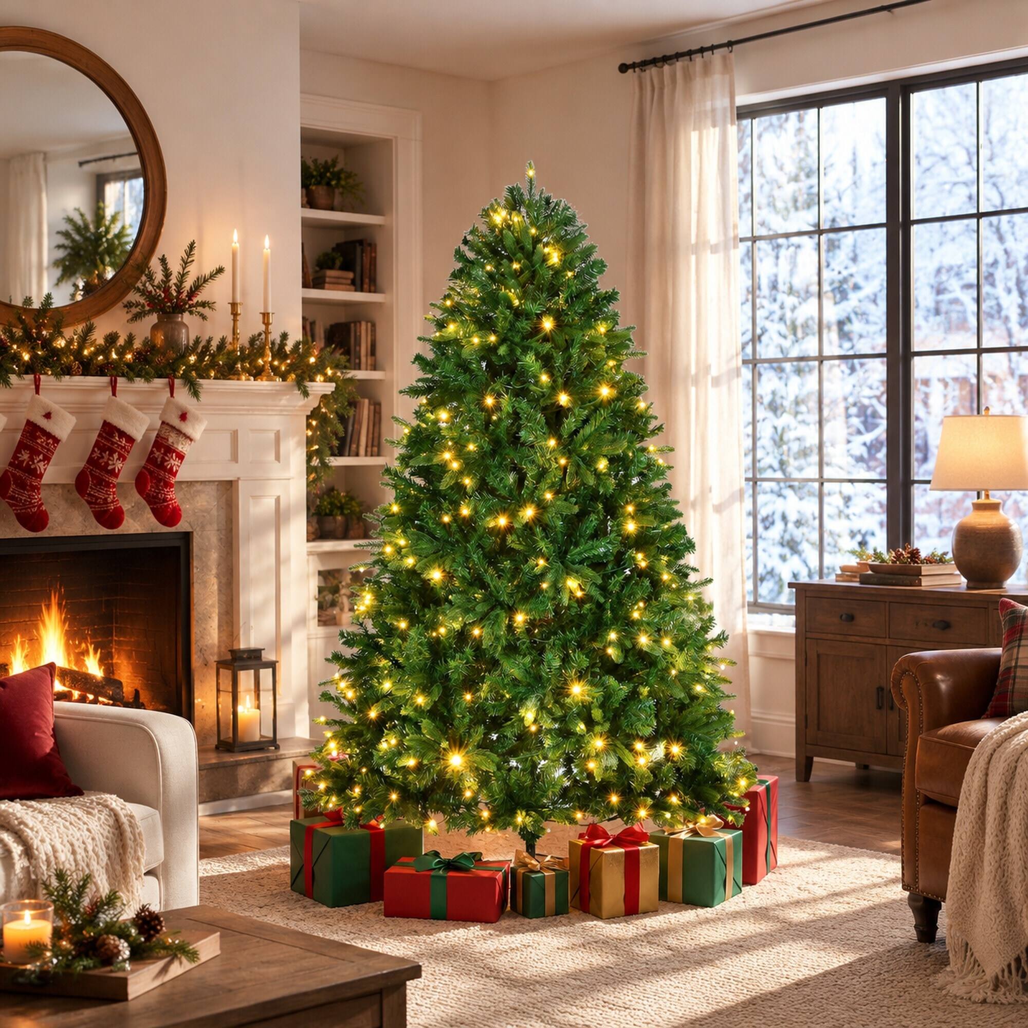 Angle. RYHNUYNE - 6FT Pre-Lit Artificial Christmas Tree With 340 Warm White and Multi-Color Chasing LED Lights, PE and PVC Tips - Green.
