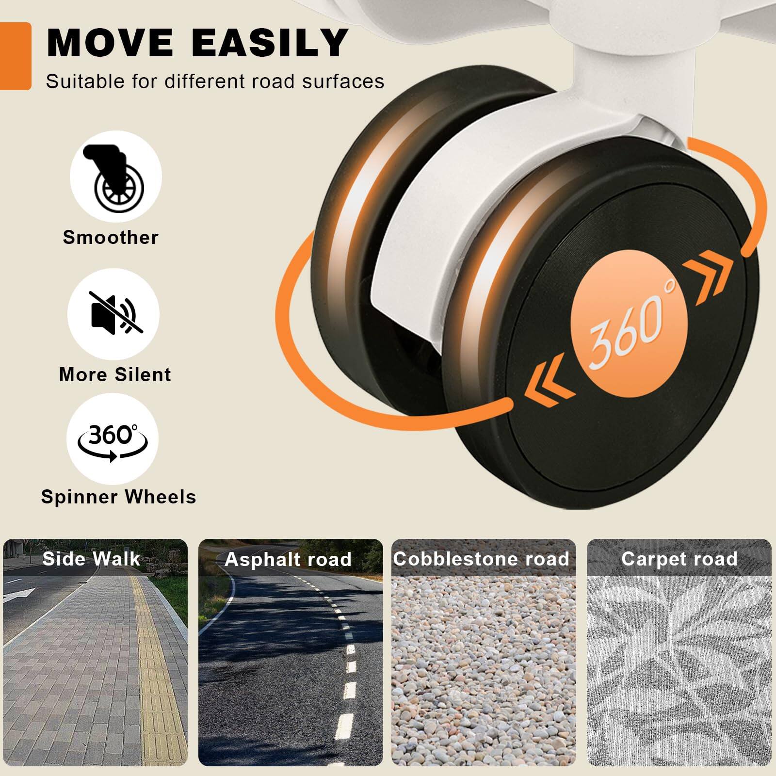 MOVE EASILY  
Suitable for different road surfaces  

- Smoother  
- More Silent  
- 360° Spinner Wheels  

Side Walk  
Asphalt road  
Cobblestone road  
Carpet road