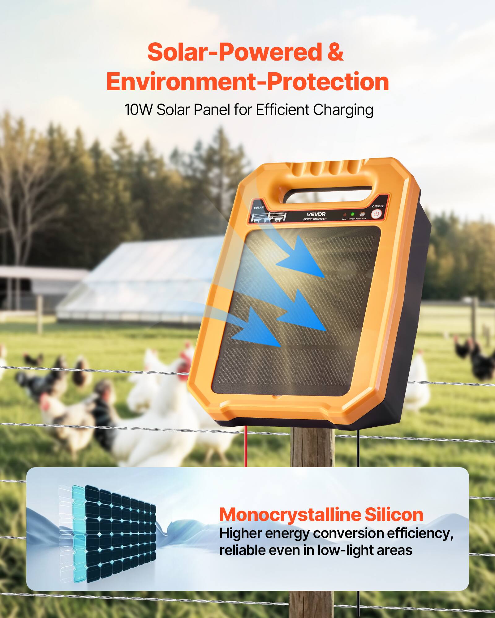 Solar-Powered & Environment-Protection  
10W Solar Panel for Efficient Charging  

Monocrystalline Silicon  
Higher energy conversion efficiency, reliable even in low-light areas