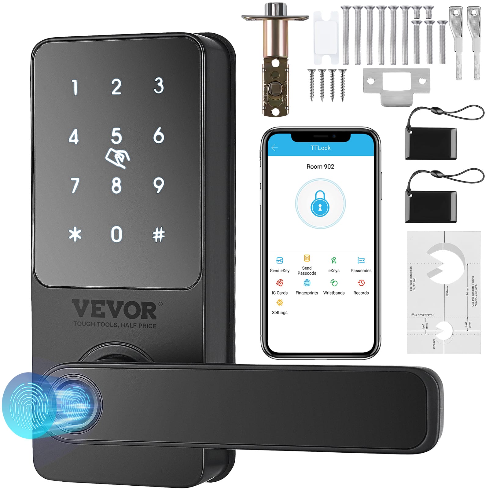 VEVOR - Smart Lock, 5-in-1 Smart Door Knob, Fingerprint Deadbolt with App Control, Bluetooth Smart Lock, Keyless Entry Door Lock - Black