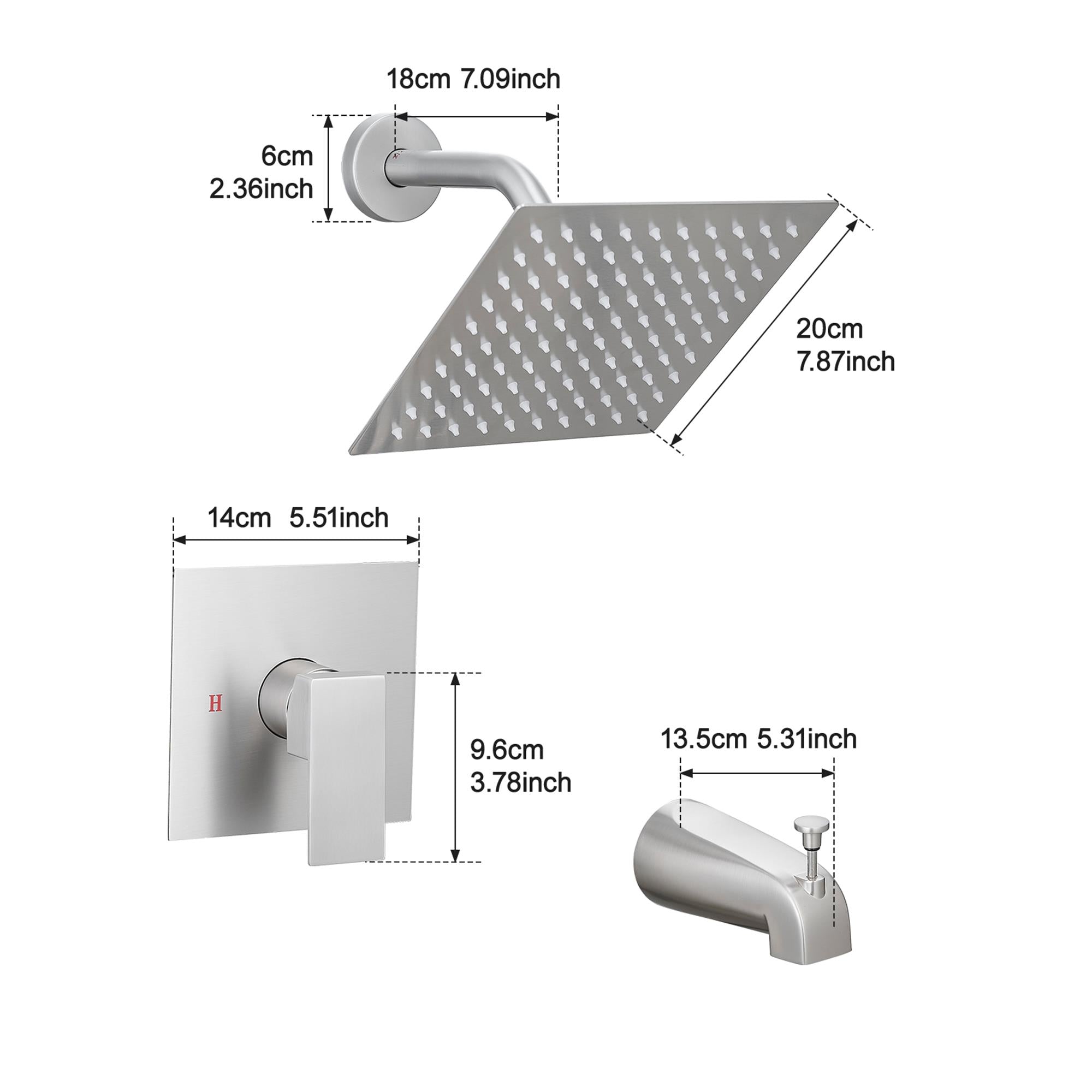 18cm 7.09inch  
6cm 2.36inch  
20cm 7.87inch  
14cm 5.51inch  
H & 9.6cm 3.78inch  
13.5cm 5.31inch