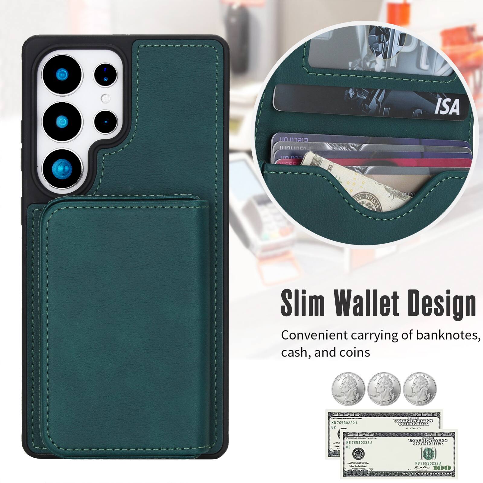 Slim Wallet Design  
Convenient carrying of banknotes, cash, and coins