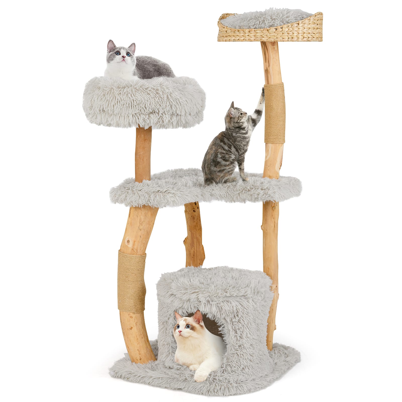 Gymax - 49'' Tall Wooden Cat Tree Solid Wood Cat Tower w/ Jute Scratching Posts - GYM17495