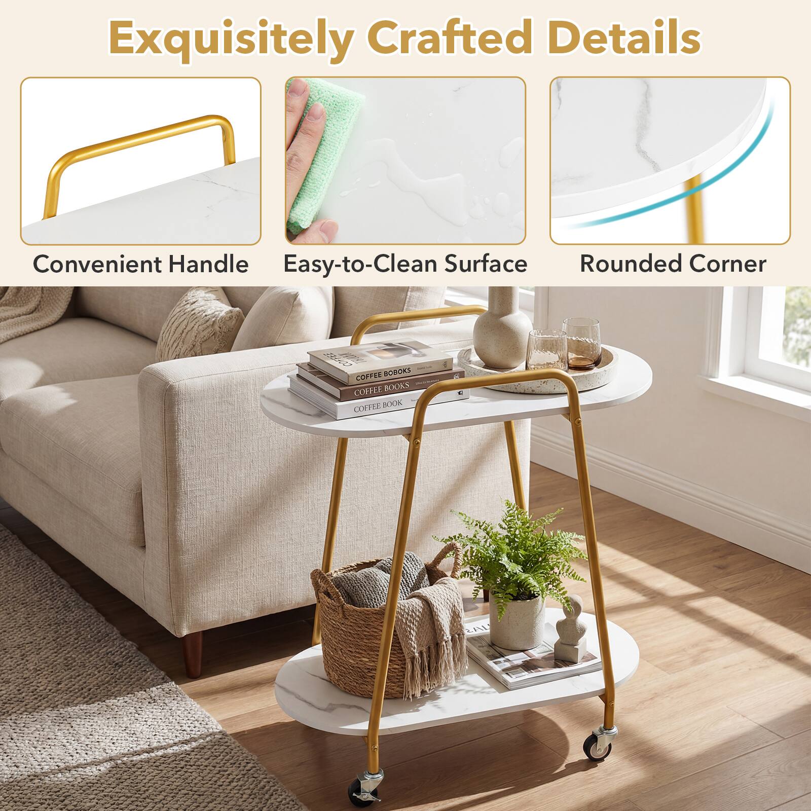 Exquisitely Crafted Details  
Convenient Handle  
Easy-to-Clean Surface  
Rounded Corner