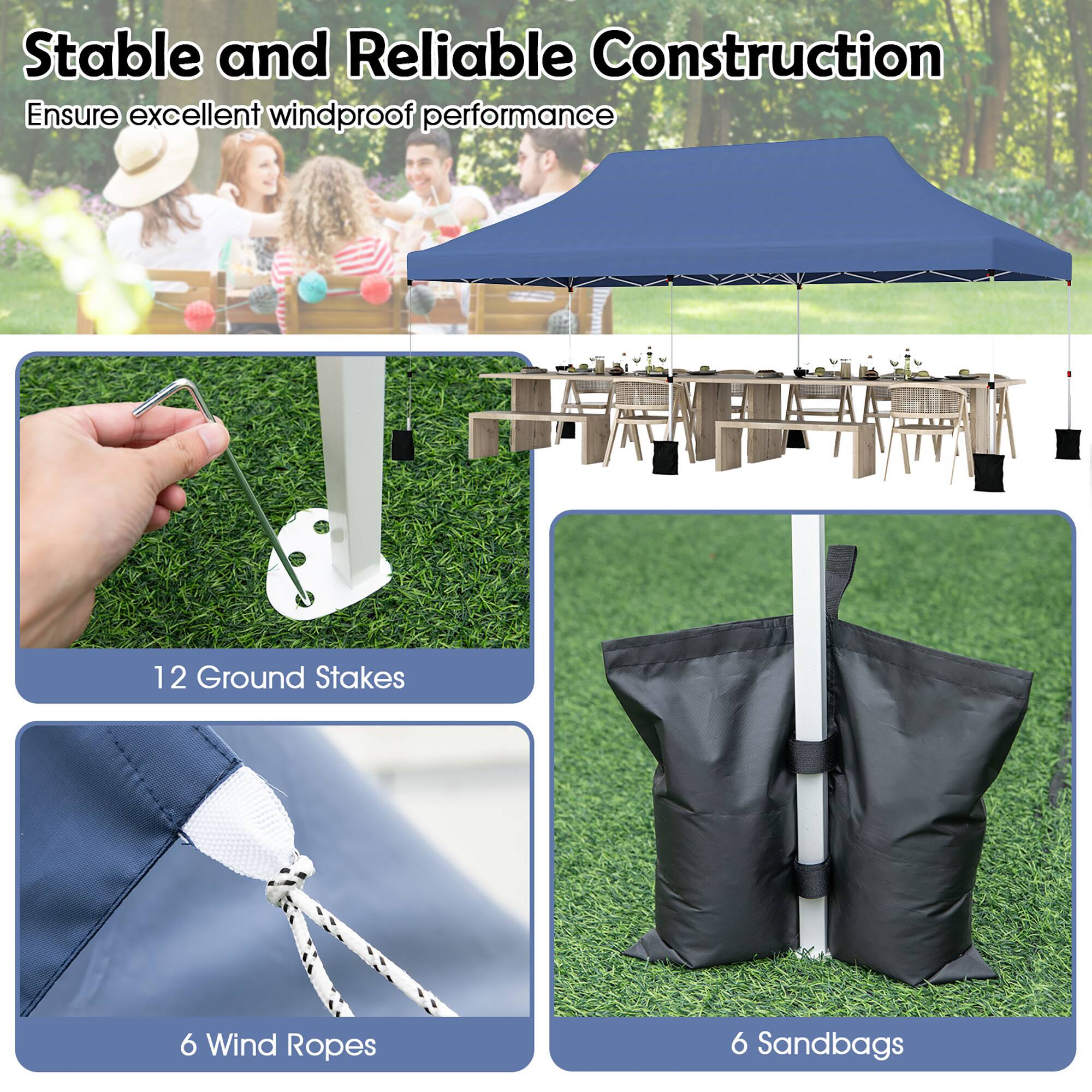 Stable and Reliable Construction ensures excellent windproof performance. It includes 12 ground stakes, 6 wind ropes, and 6 sandbags.