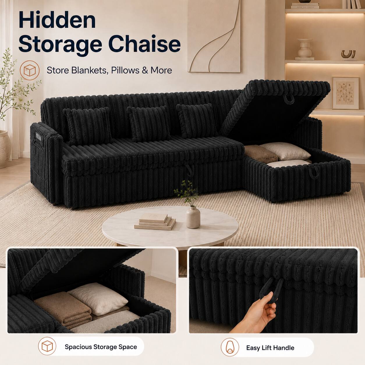 Hidden Storage Chaise  
Store Blankets, Pillows & More  

- 20% Spacious Storage Space  
- Easy Lift Handle
