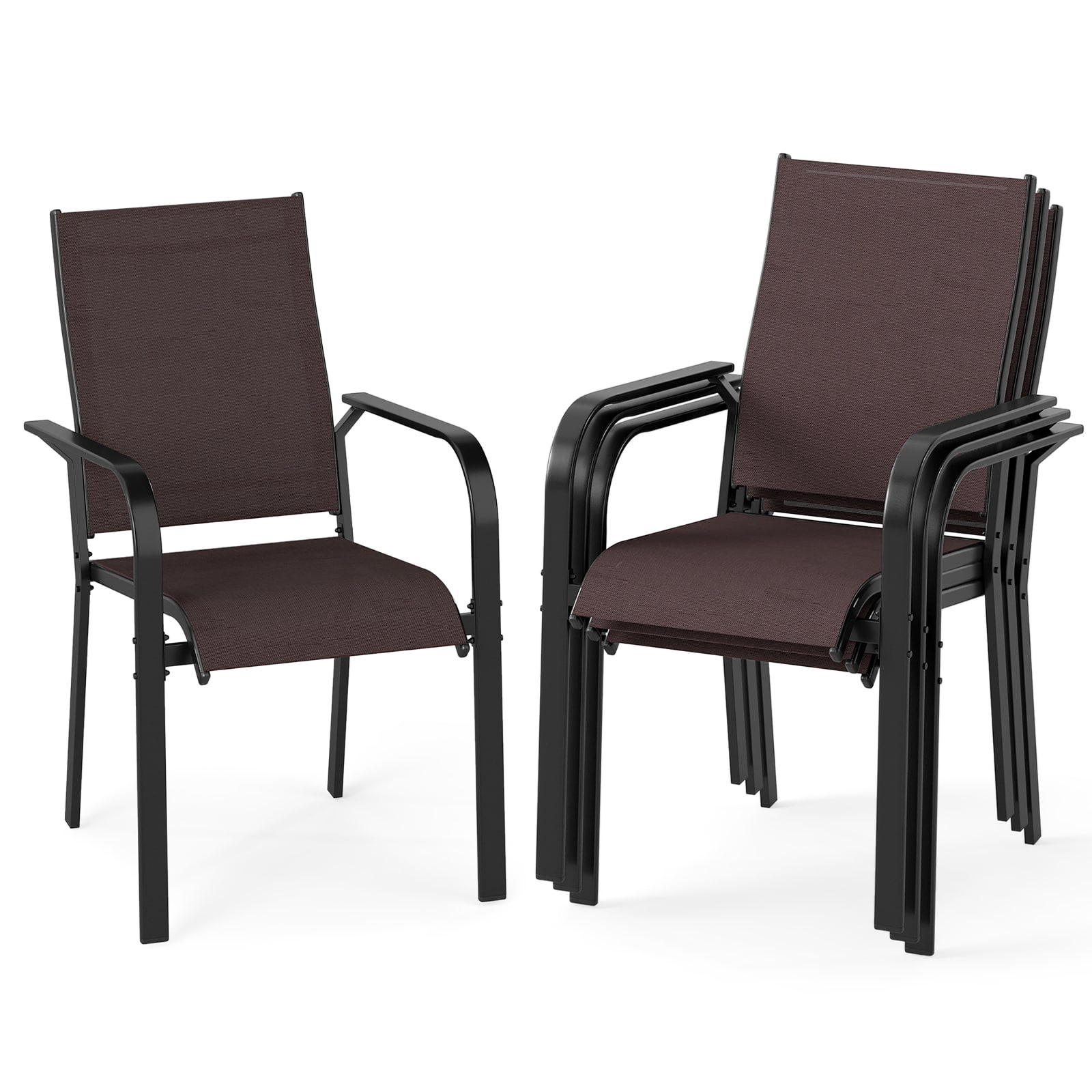 Gymax - Patio Dining Chairs Set of 4 Stackable Outdoor Armchairs w/Metal FrameBackrest - Brown
