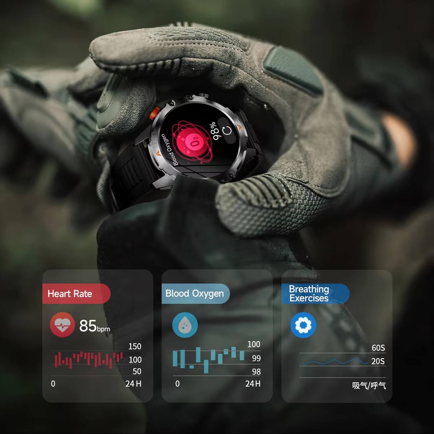 Oxygen Blood 98% O2  
Heart Rate: 85bpm  
Blood Oxygen: 99, 98  
Breathing Exercises: 60S, 20S