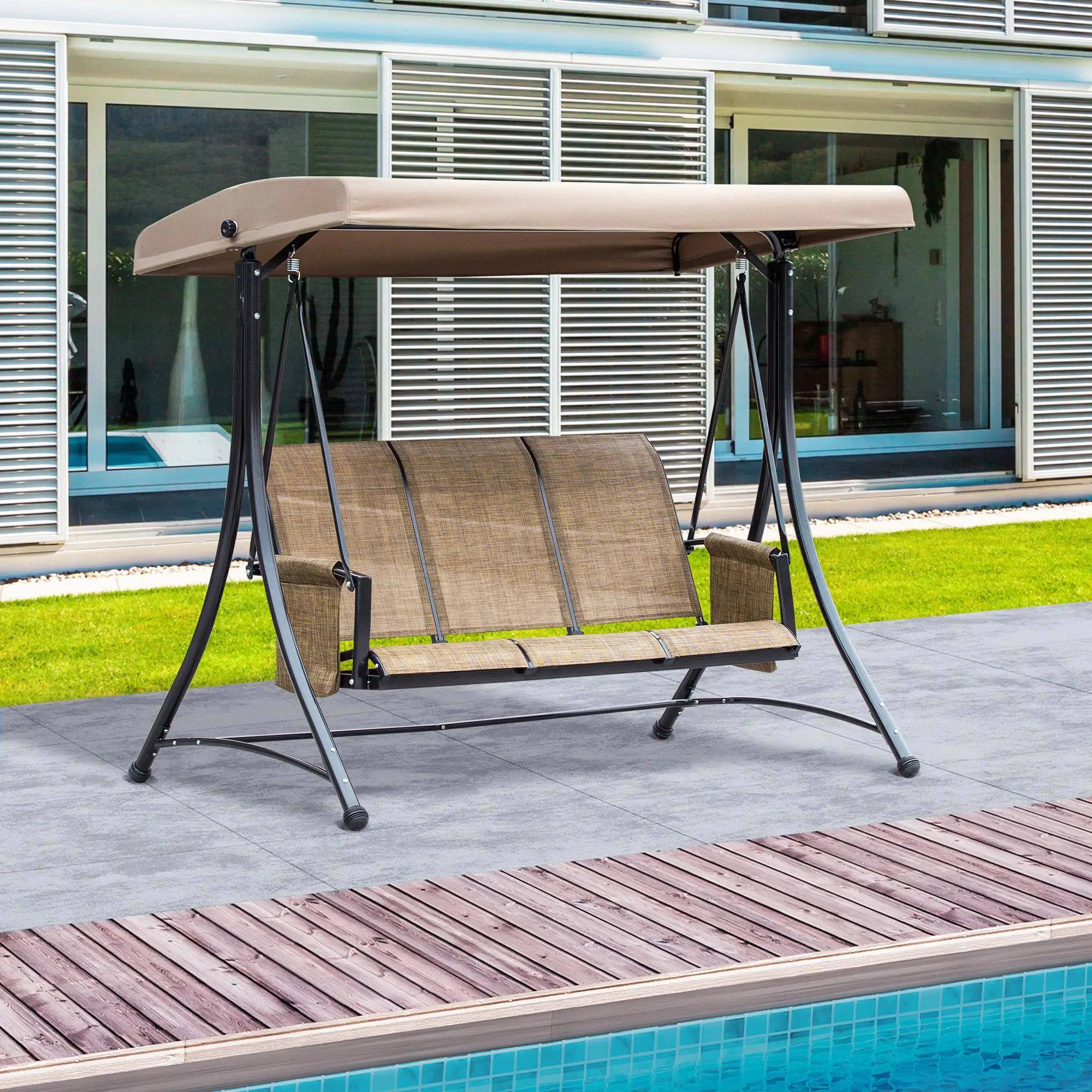 Angle. Resenkos - Resenkos 3-Seat Swing Set, Outdoor Glider With Adjustable Roof, Side Pockets, Ventilated Seat & Back, Brown.