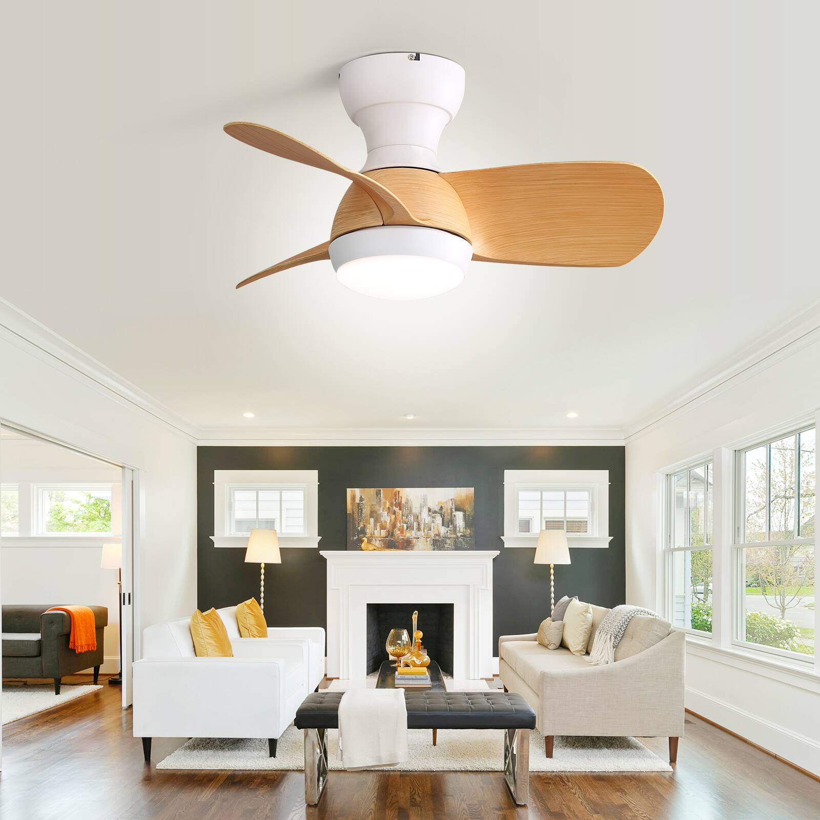 Back. Sofucor - 23'' Low Profile Ceiling Fans with Lights and Remote 3 Reversible ABS Blades 6 Speeds for Bedroom Kids Room Dining Room - White.