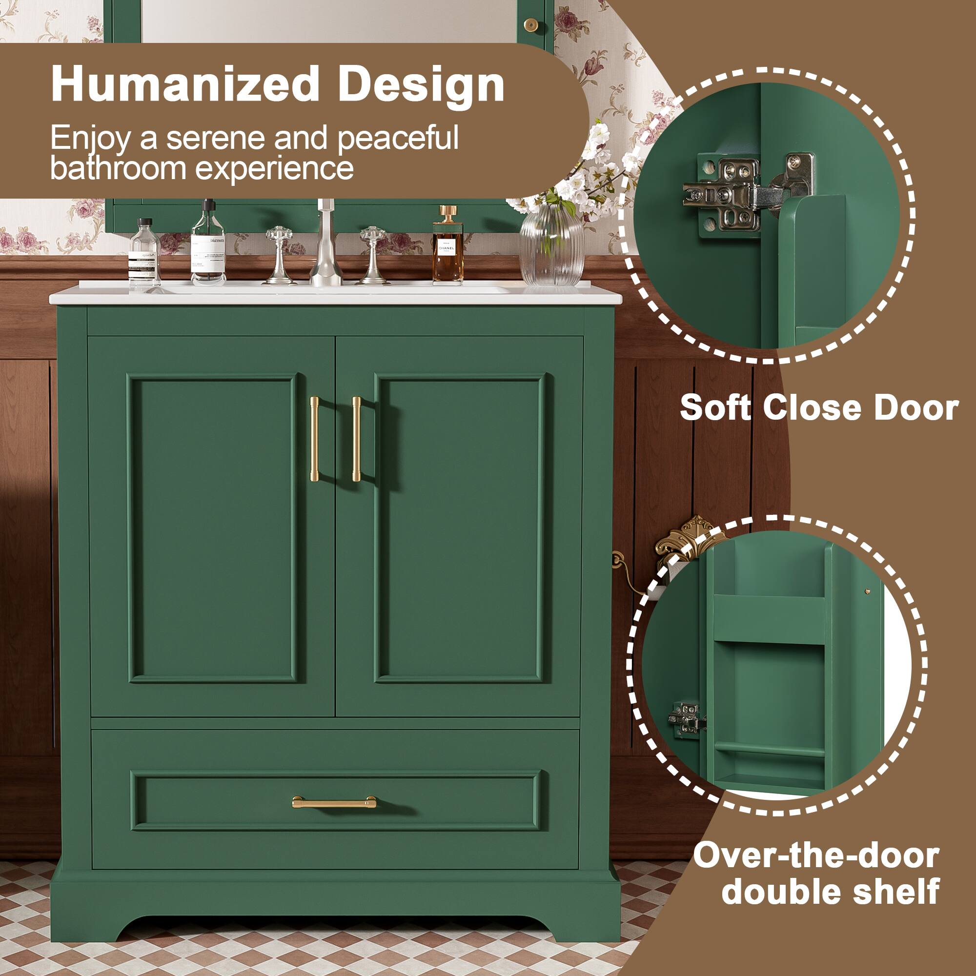Humanized Design  
Enjoy a serene and peaceful bathroom experience  

Soft Close Door  
Over-the-door double shelf