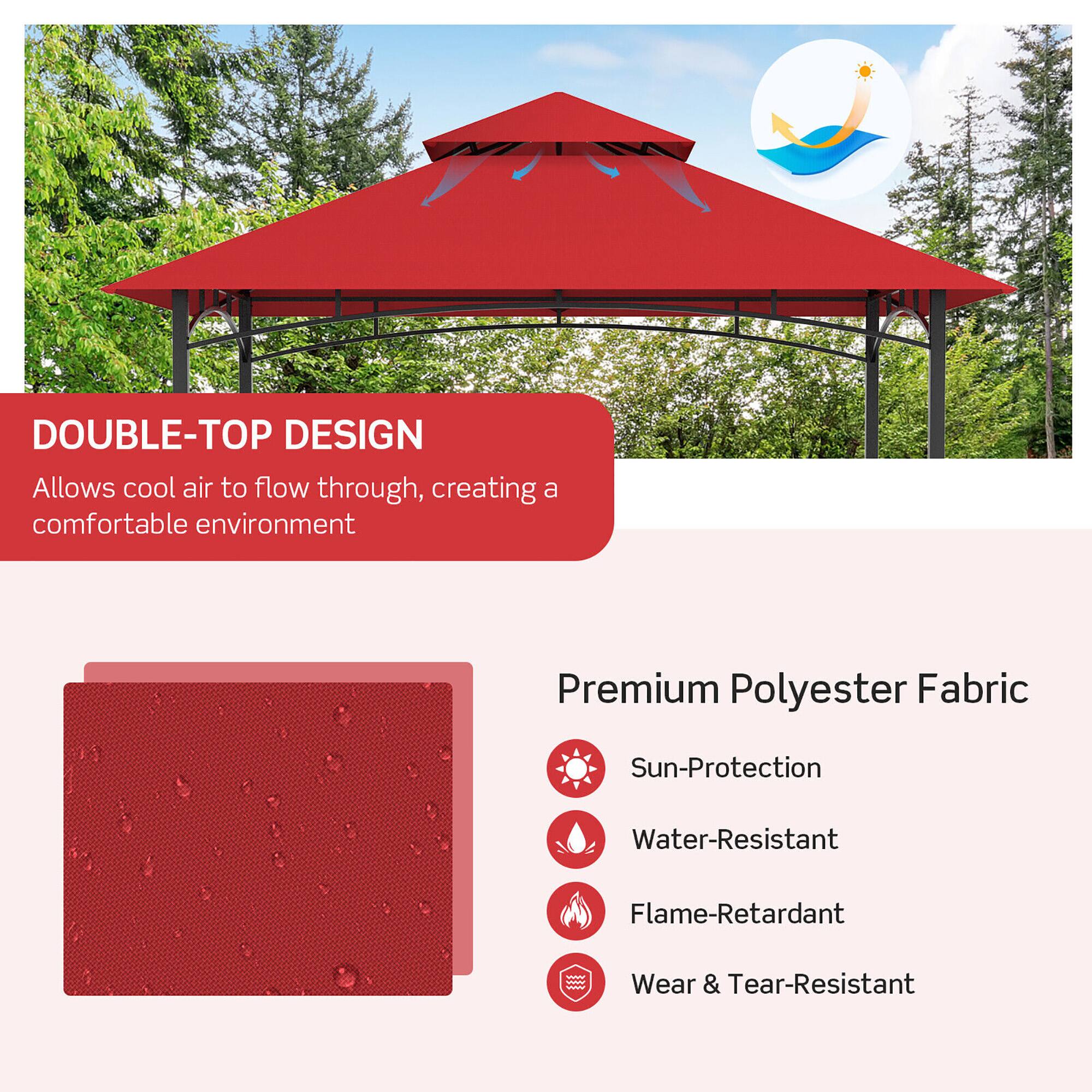 DOUBLE-TOP DESIGN  
Allows cool air to flow through, creating a comfortable environment

Premium Polyester Fabric  
- Sun-Protection  
- Water-Resistant  
- Flame-Retardant  
- Wear & Tear-Resistant