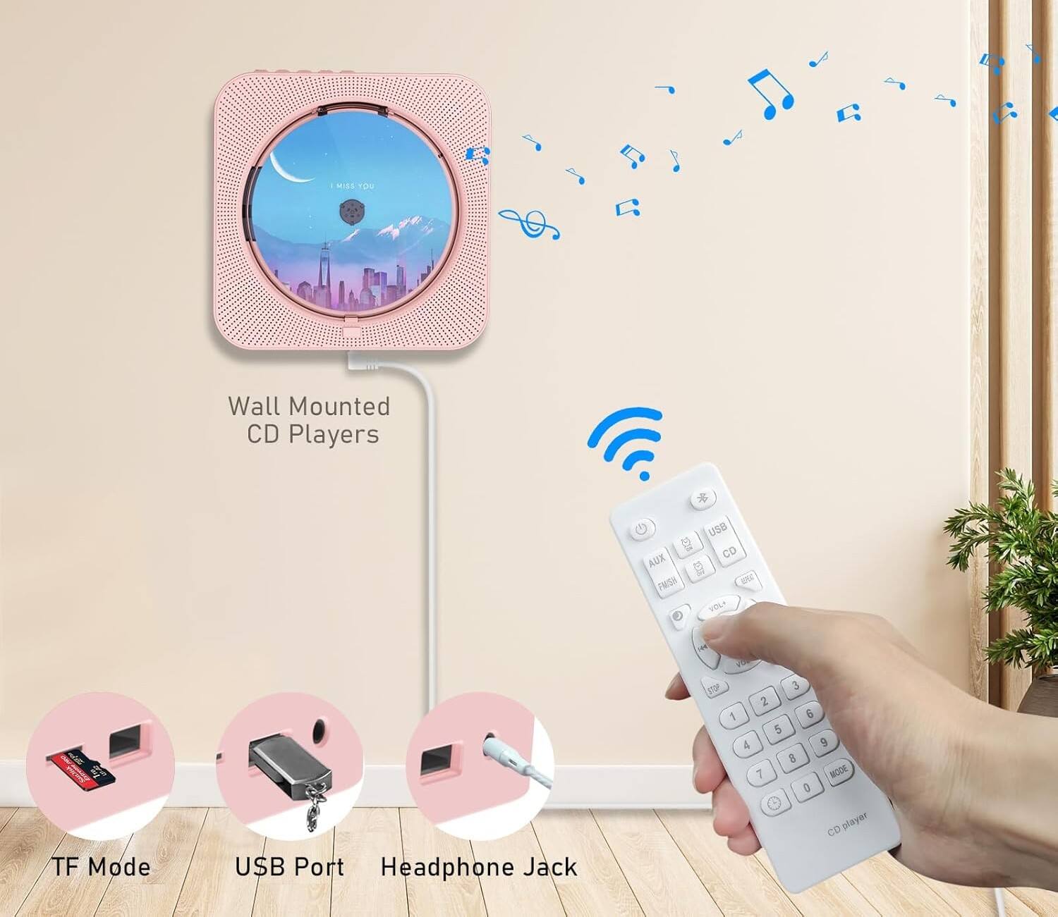 Wall Mounted CD Players

- USB Port
- Headphone Jack
- TF Mode

Controls:
- VOL+
- VOL-
- AUX
- USB
- FM
- EEI
- CD
- MODE

Buttons:
- 1
- 2
- 3
- 4
- 5
- 6
- 7
- 8
- 9
- 0