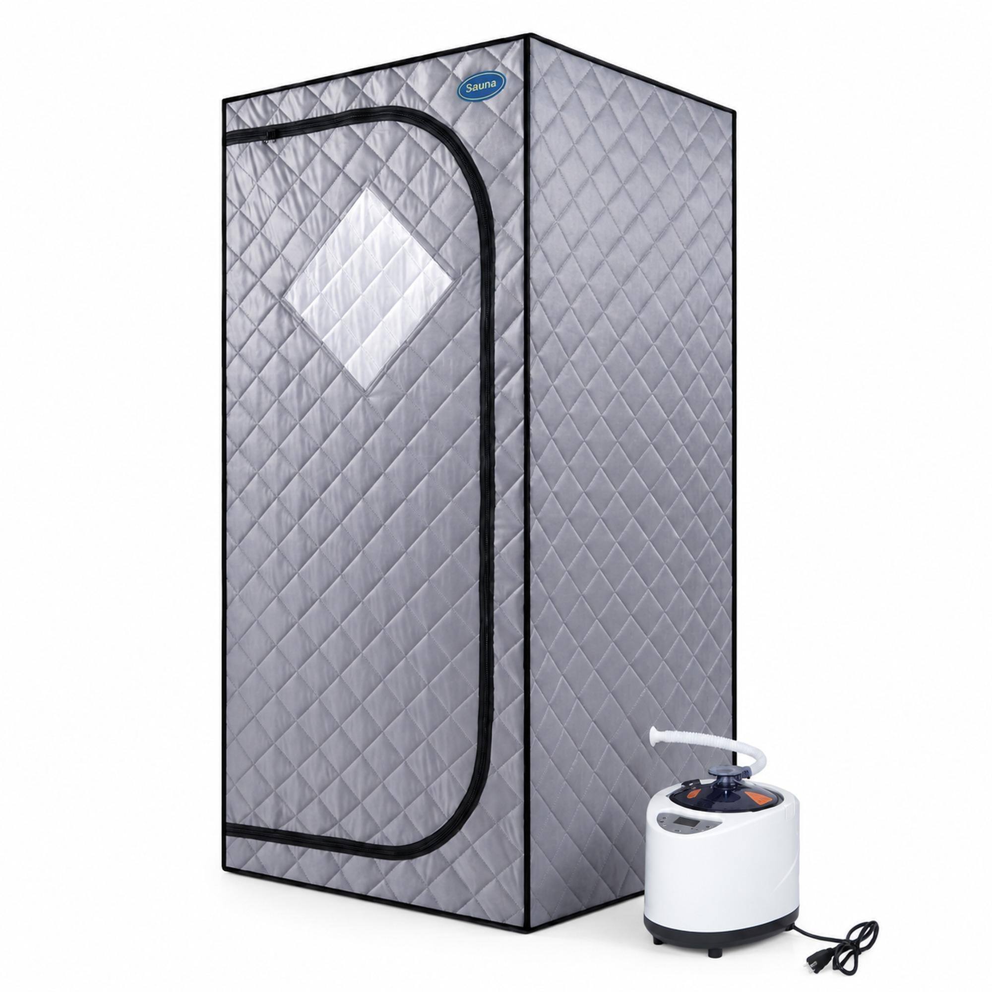 Front. RYHNUYNE - Full Size Portable Steam Sauna Tent, Grey, 29.1 x 29.1 x 66.5 in, 2.2 L Steam Generator, Remote Control, Foldable Chair - Grey.
