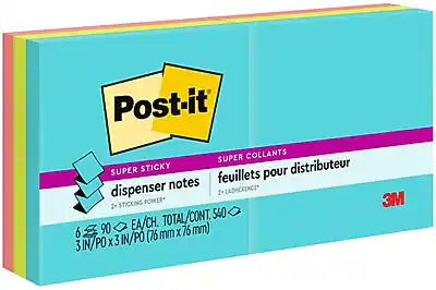 Post-it
SUPER STICKY
SUPER COLLANTS
dispenser notes
feuilletts pour distributeur
2x STICKING POWER
2x ENDHRENCE
6 EA/CH. TOTAL/CONT. 540
90 EA/CH.
3 IN/PO x 3 IN/PO (76 mm x 76 mm)
3M