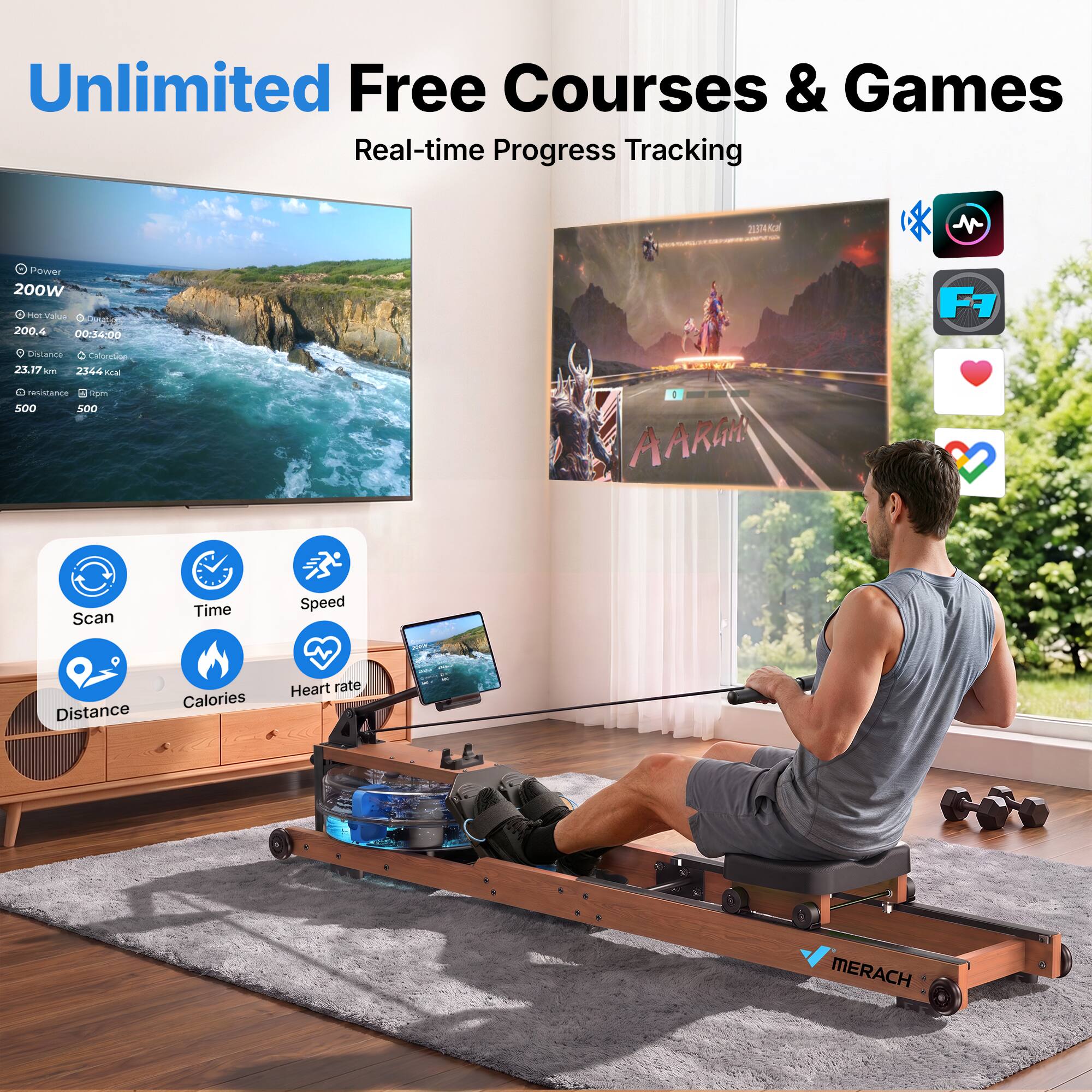 Unlimited Free Courses & Games  
Real-time Progress Tracking

20374

Power 200W  
Hot Value 200.4  
00:34:00  
Distance 23.17 km  
Calories 2344 kcal  
Resistance 500  
500

D AARGHE  
F7

Scan  
Time  
Speed  
Distance  
Calories  
Heart rate  
MERACH