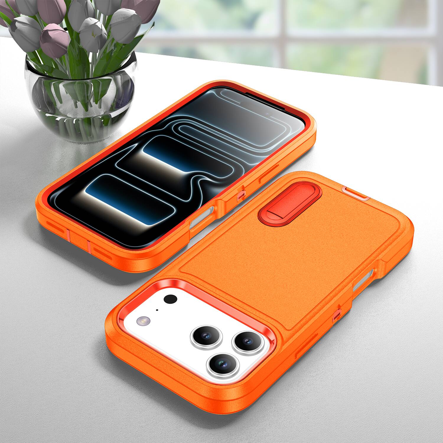 Alt View 4. UUCOVER - Dual Layer Heavy Duty Case for Apple iPhone 18 Pro with Hidden Kickstand, Raised Edge Protection Drop-proof Phone Cover - Orange+Orange.