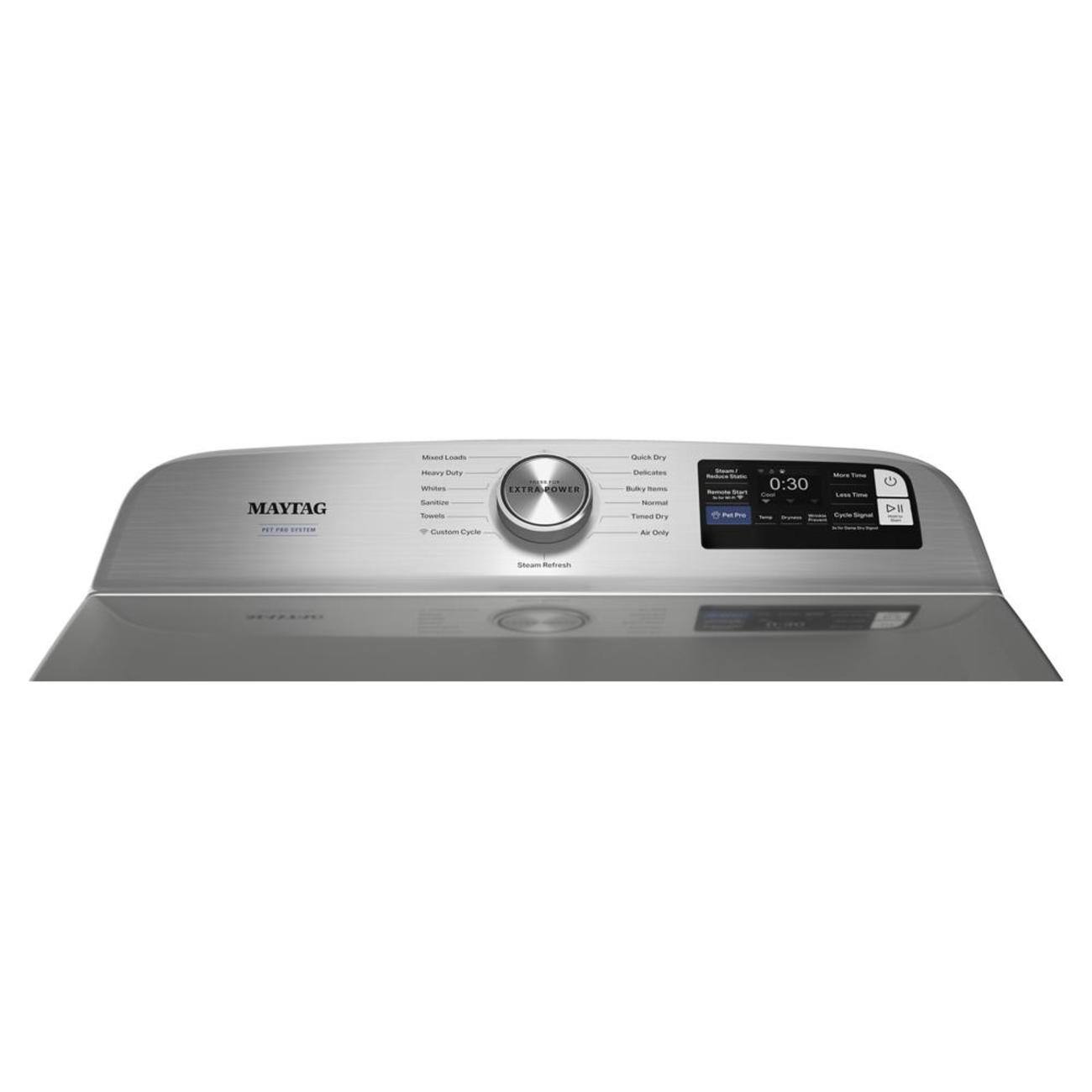 - MAYTAG
- POWER
- Mixed Loads
- Heavy Duty
- Whites
- Sanitize
- Towels
- Custom Cycle
- Quick Dry
- Delicates
- Bulky Normal
- Tumble Dry
- Air Only
- 0:30
- Max Time
- Less Time
- Cycle Start
- Steam Refresh