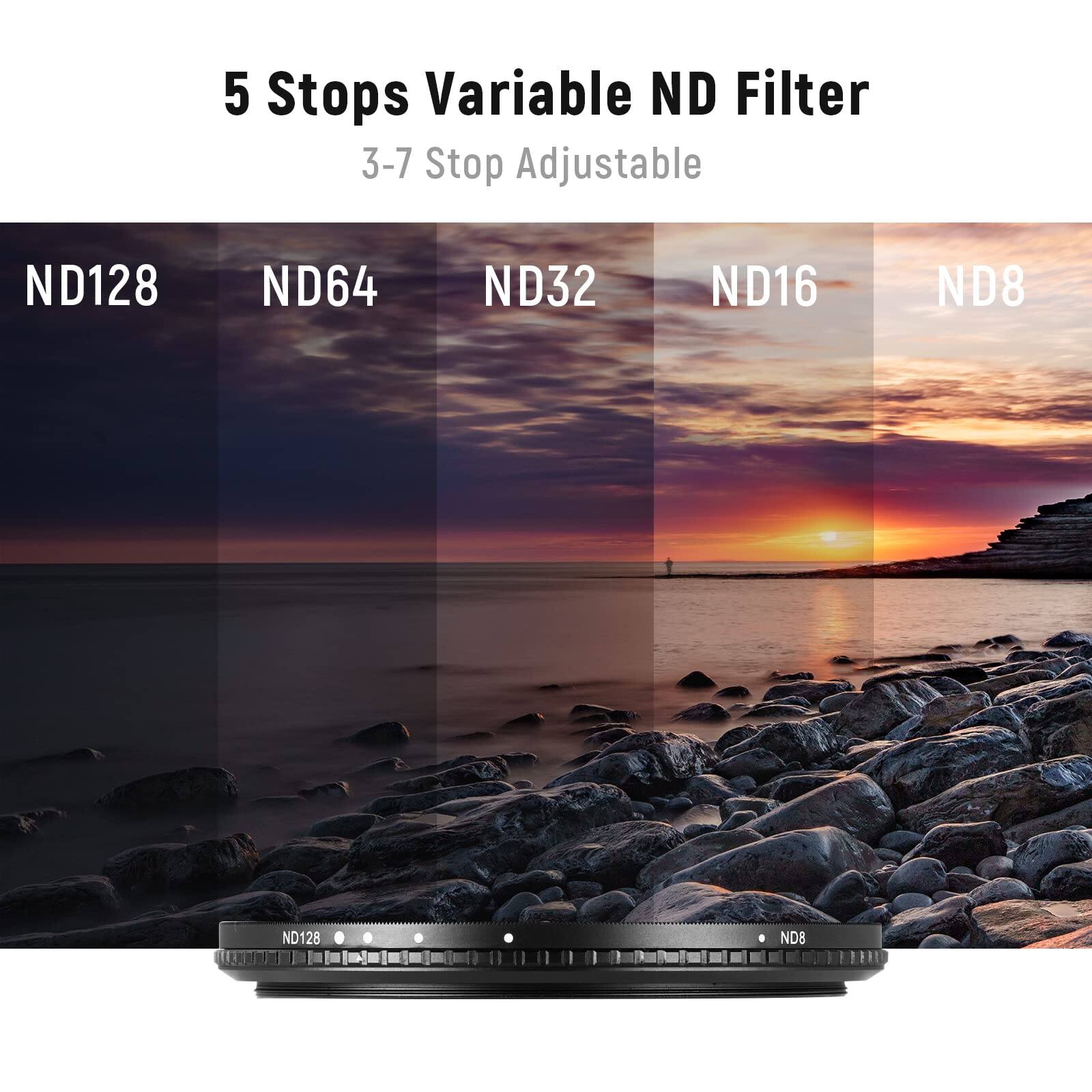 5 Stops Variable ND Filter  
3-7 Stop Adjustable  
ND128 ND64 ND32 ND16 ND8