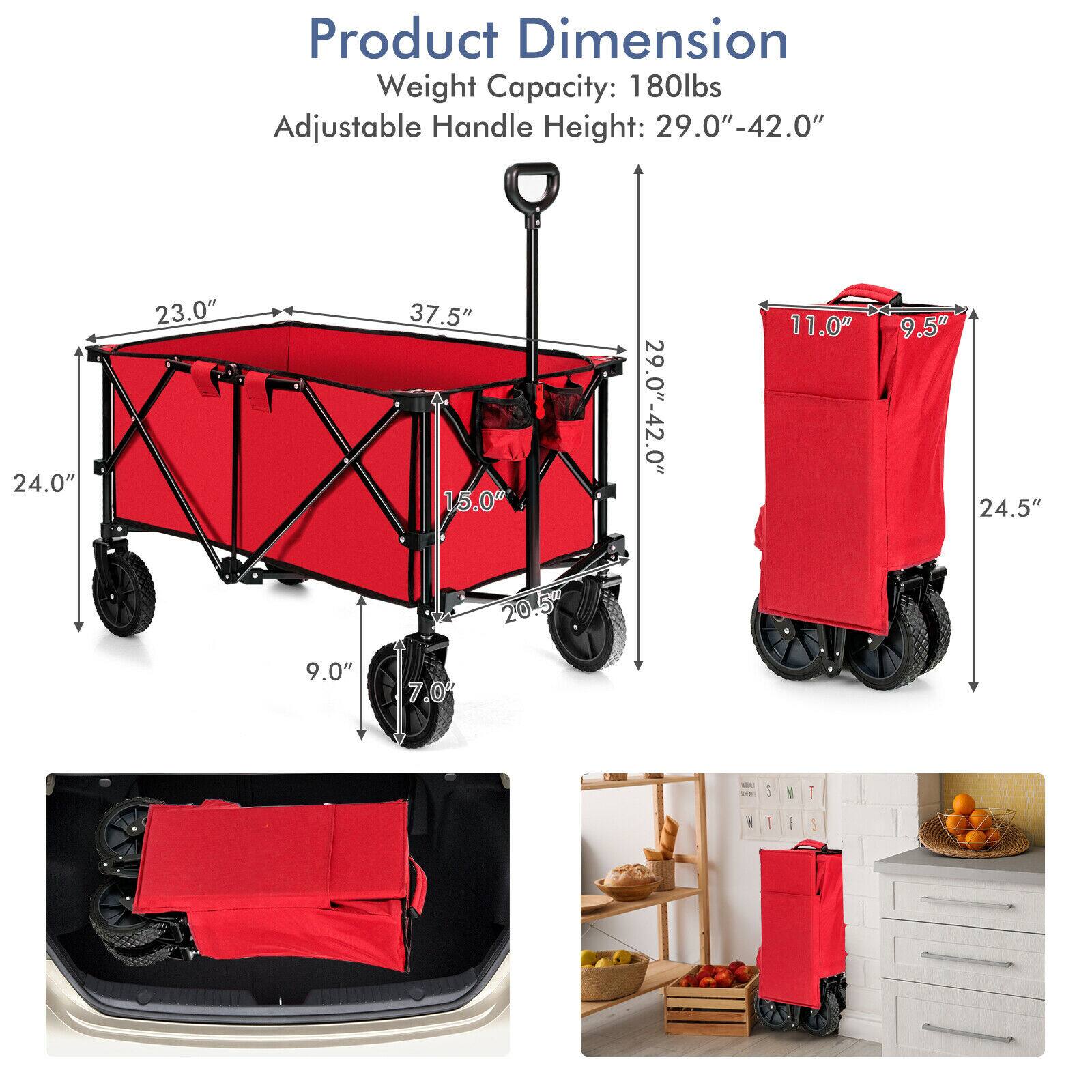 Product Dimension  
Weight Capacity: 180lbs  
Adjustable Handle Height: 29.0"-42.0"  

- Width: 24.0"  
- Depth: 23.0"  
- Height: 37.5"  
- Wheel Diameter: 15.0"  
- Handle Height: 29.0"-42.0"  
- Side Pocket Height: 11.0"  
- Side Pocket Width: 9.5"  
- Overall Height: 24.5"  
- Overall Width: 20.5"  
- Wheel Width: 9.0"  
- Wheel Height: 7.0"