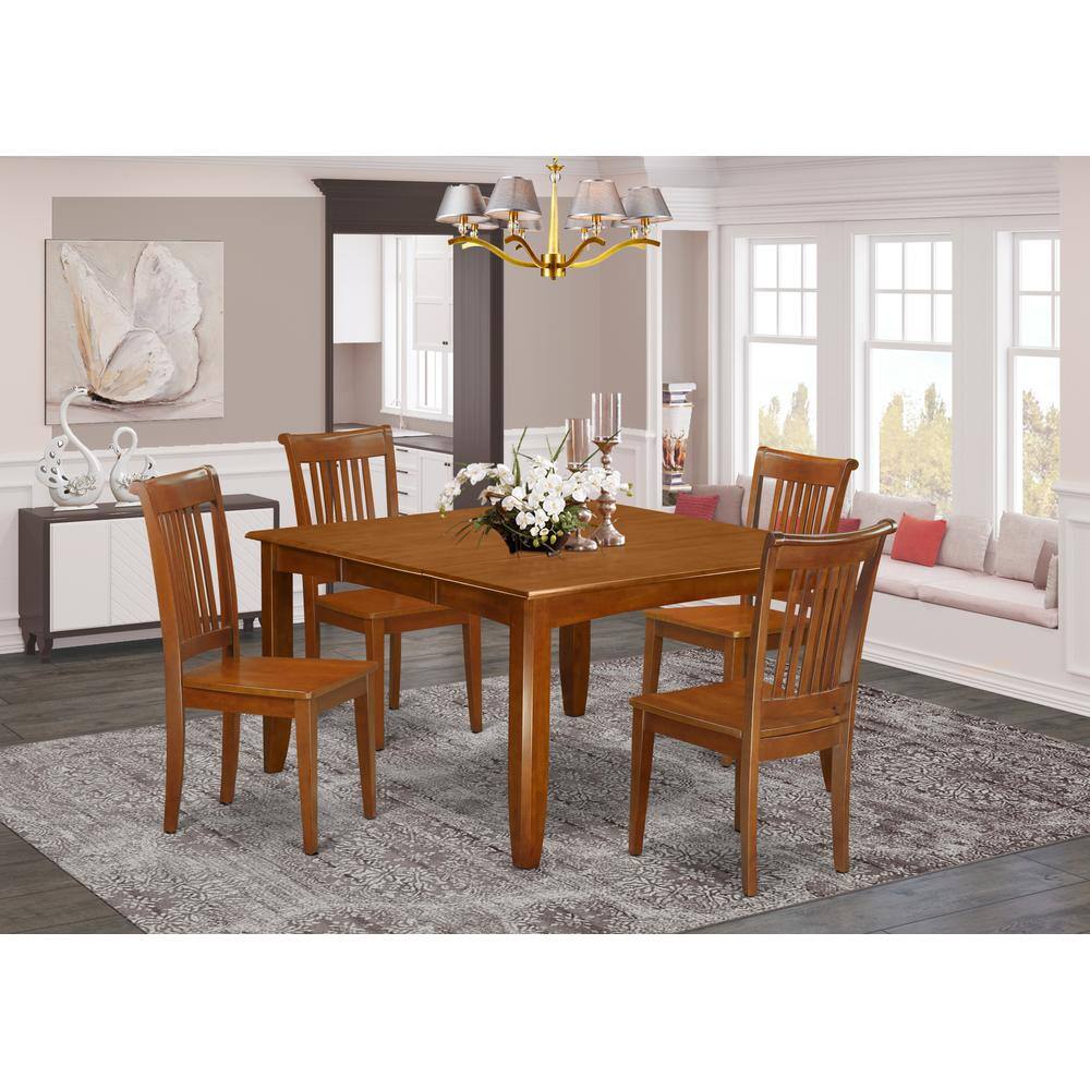 Back. East West Furniture - 5 Pc Dining room set-Square gathering Table with Leaf and 4 Dining Chairs - Saddle Brown.