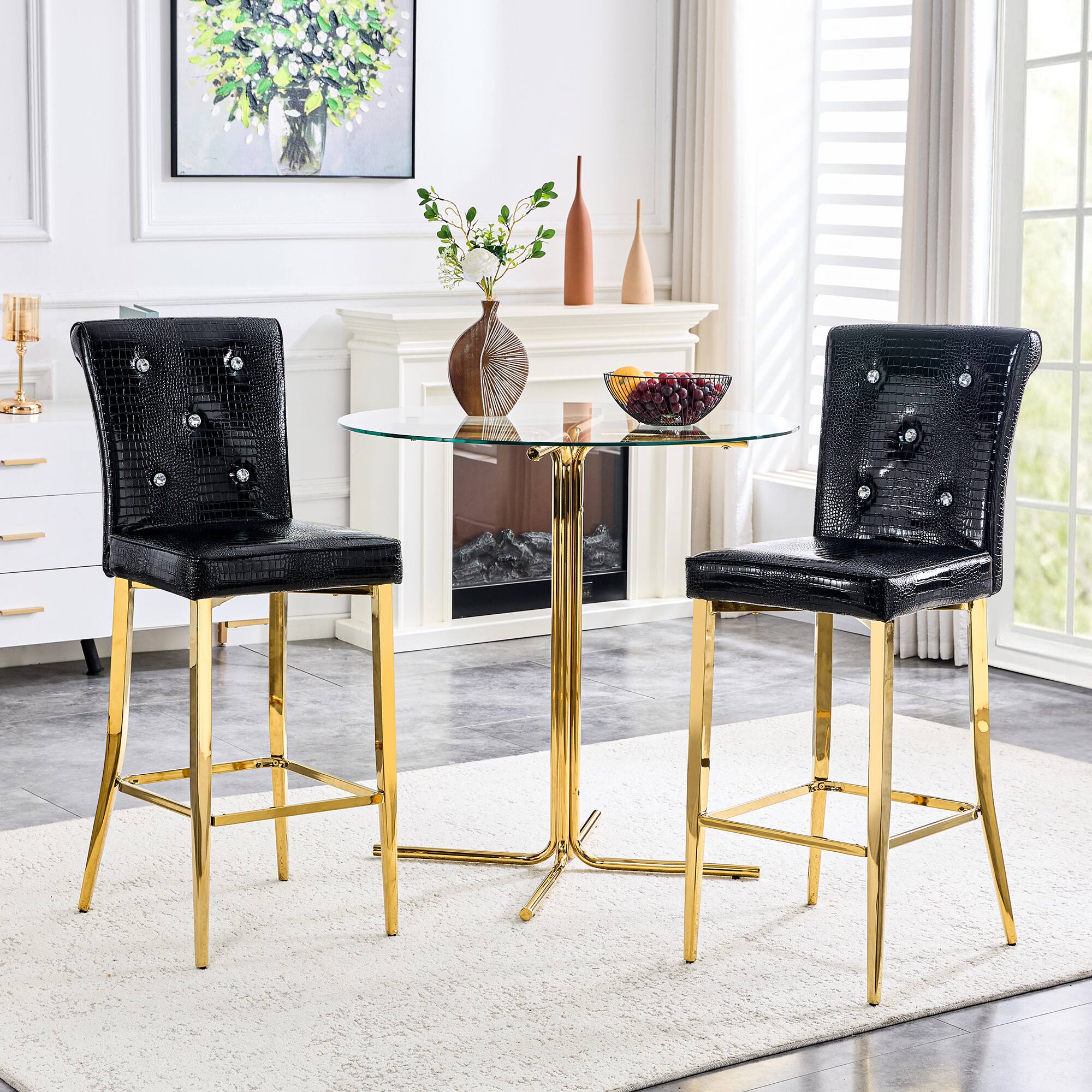 Angle. Loheer - Set of 2 Vintage Bar Chairs Faux Crocodile Leather Crystal Tufted Stools 21.3x17x45 in - Black.