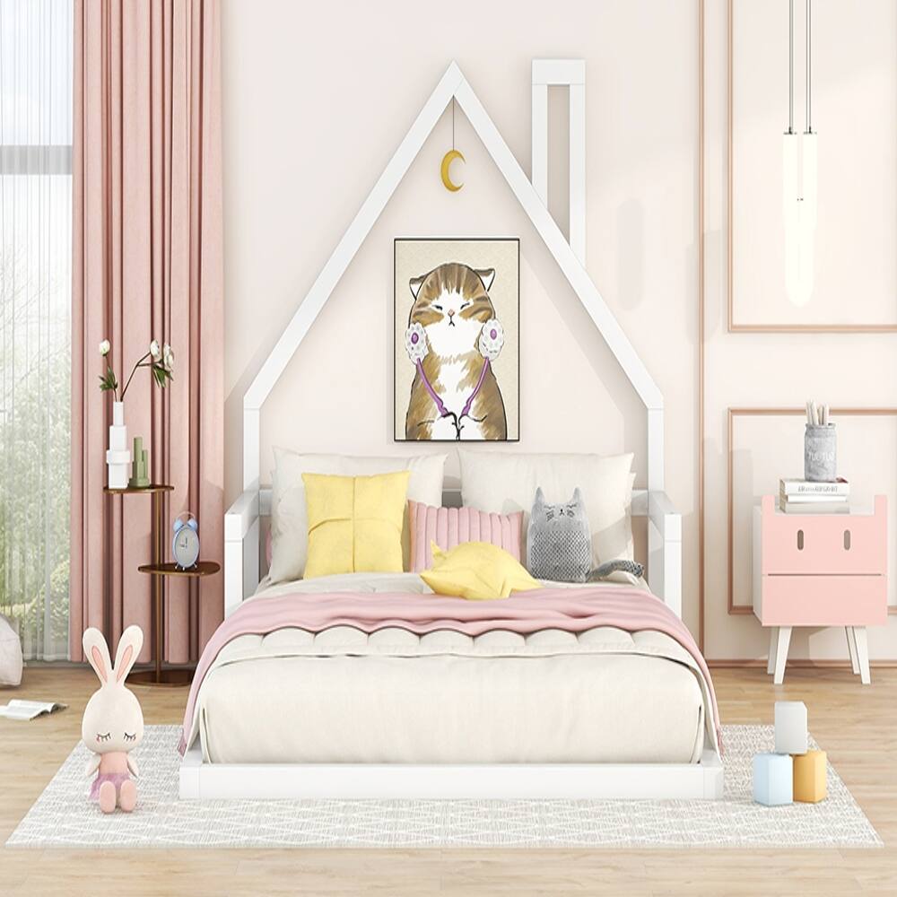 Alt View 2. Loheer - Loheer Full Size House Bed White Wood Floor Bed with House Shaped Headboard Kids House Bed Full Size - White.