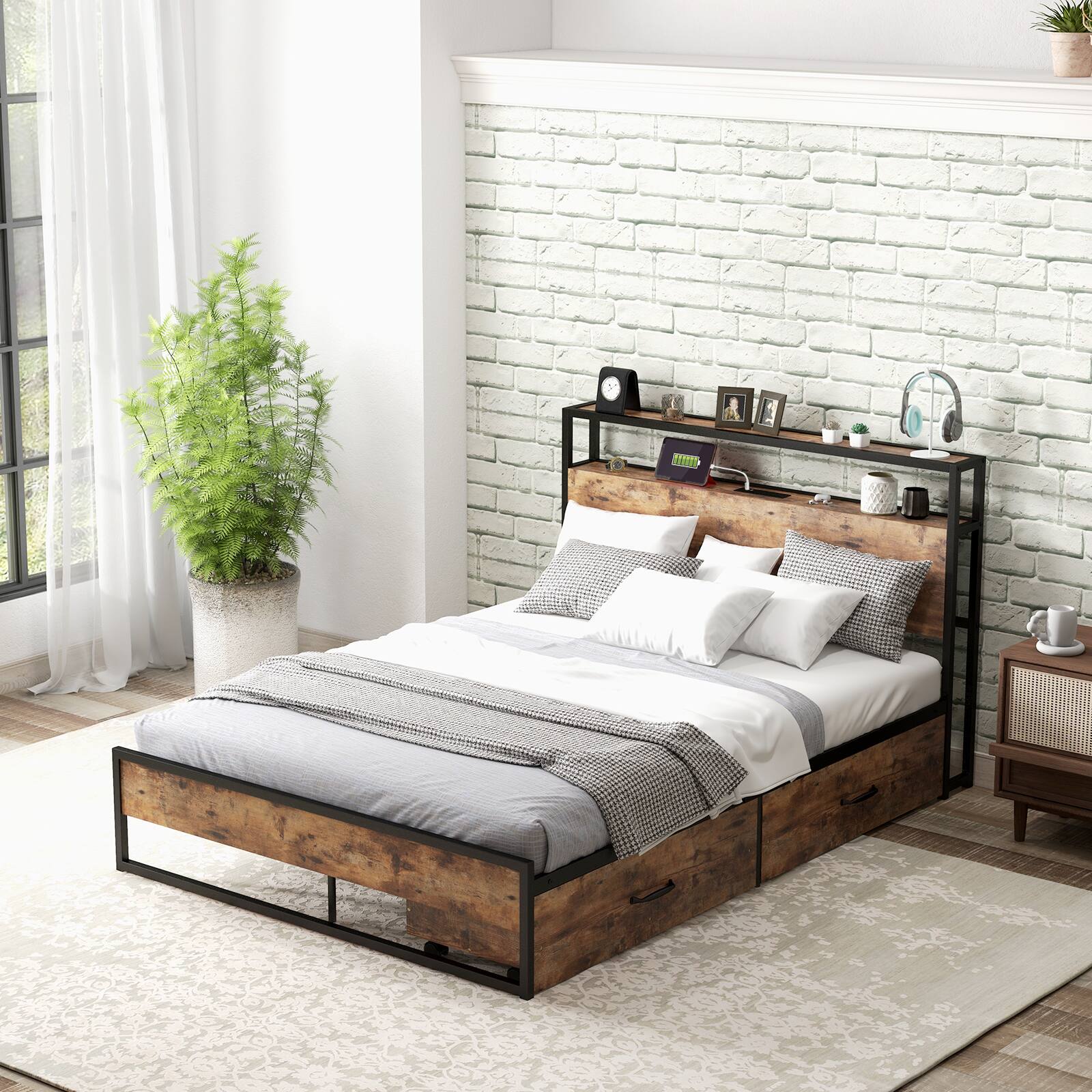 Alt View 3. Ecooso - Full Bed Frame with 2-Tier Storage Headboard and Charging Station - Brown.