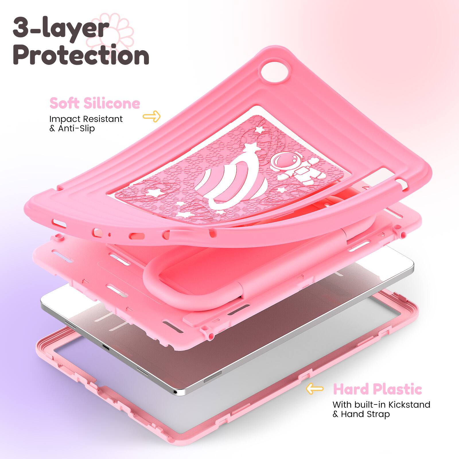 3-layer Protection

Soft Silicone  
Impact Resistant & Anti-Slip

Hard Plastic  
With built-in Kickstand & Hand Strap