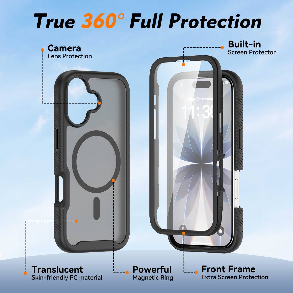 True 360° Full Protection Camera Lens Protection Built-in Screen Protector 11:00 Friday, September 11:30 Translucent Skin-friendly PC material Powerful Magnetic Ring Front Frame Extra Screen Protection