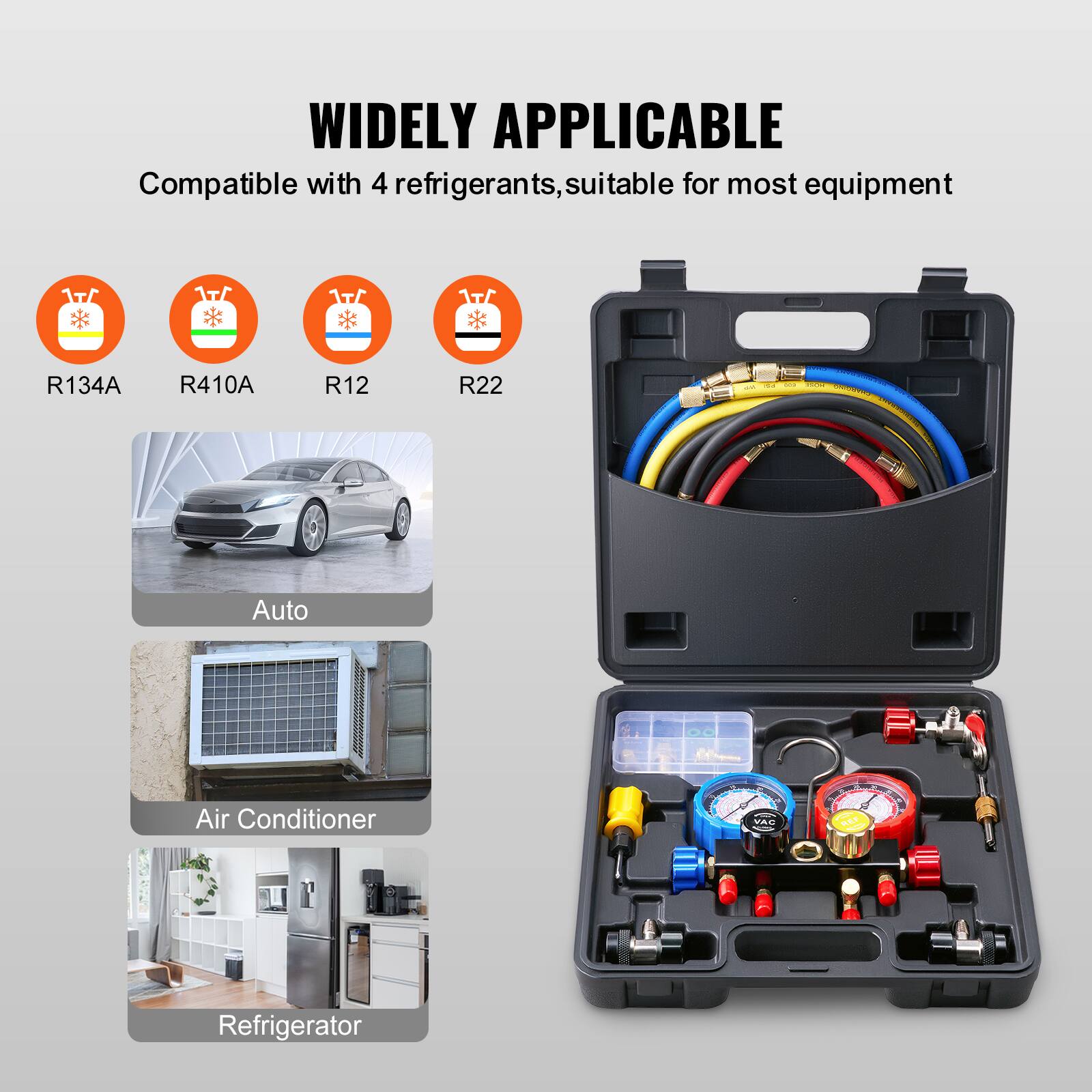 WIDELY APPLICABLE

Compatible with 4 refrigerants, suitable for most equipment

1T R134A R410A R12 R22

Auto Air Conditioner C TAE Refrigerator