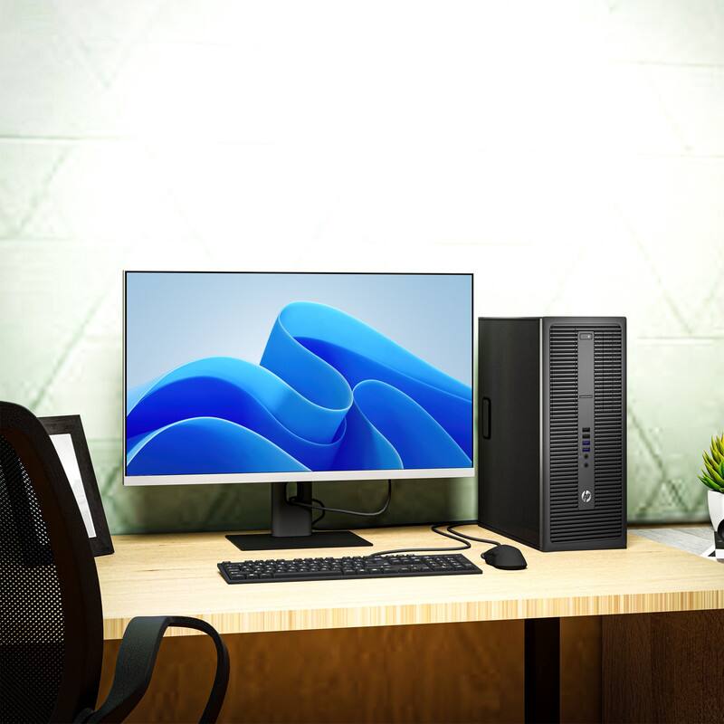 Left. HP - G2 Tower Computer Desktop PC | Intel Core i5-6th 3.2GHz | 16GB RAM | 128GB SSD + 500GB HDD | KB & Mouse | Wi-Fi | Win11 - Black.