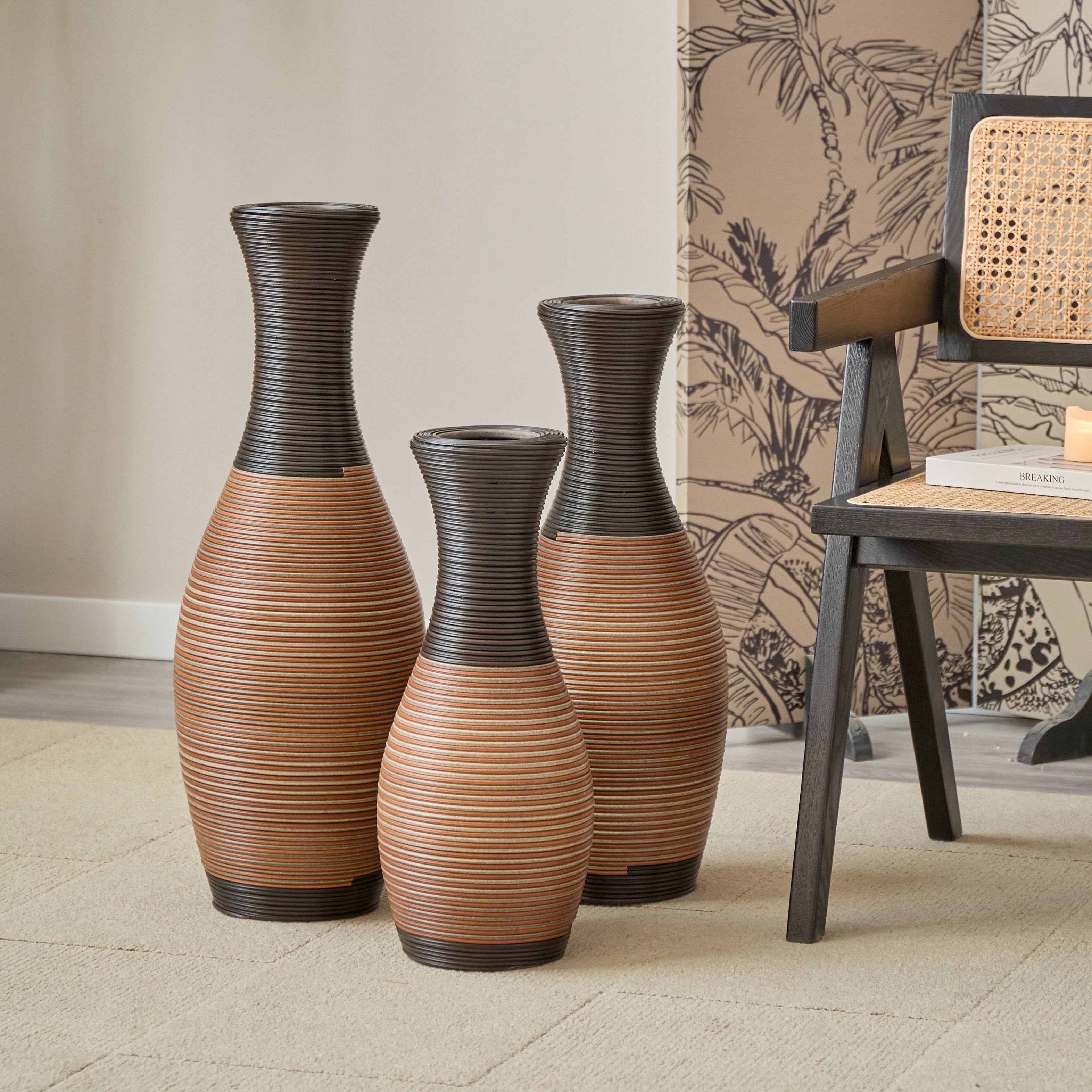 Back. Anysun - Set of 3 Designer Floor Vases - Artificial Rattan Brown Large Vases for Living Room & Corridor Decor - Brown Gray.