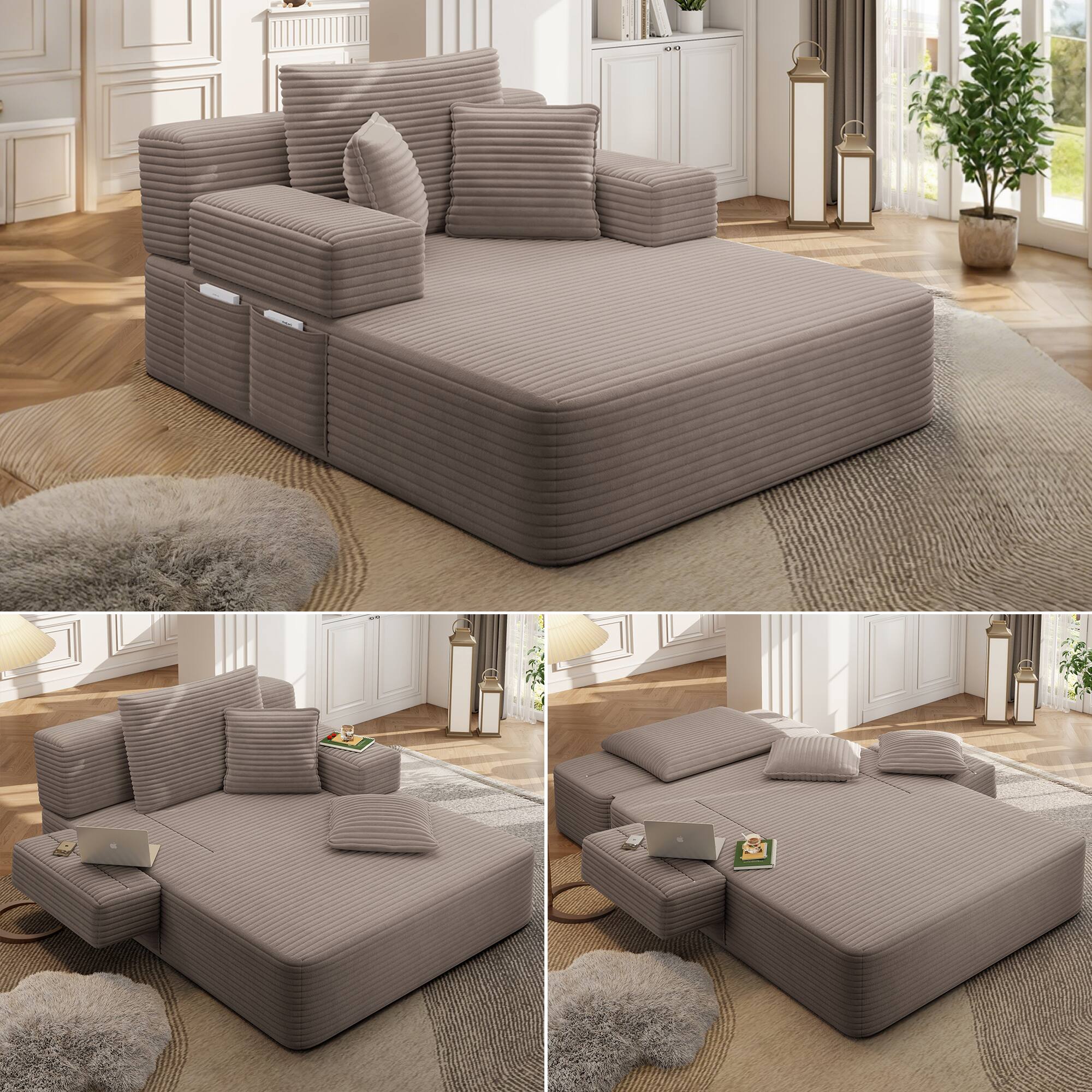 Front. Anysun - Multi-Functional Frameless Convertible Plush Corduroy Chaise Lounge Sofa Bed with Storage Pockets, 3 Soft Pillows - Coffee.
