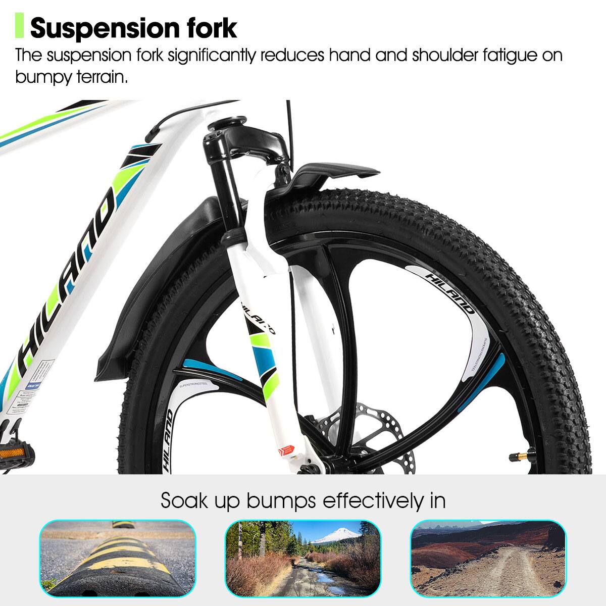Suspension fork

The suspension fork significantly reduces hand and shoulder fatigue on bumpy terrain.

Soak up bumps effectively in
