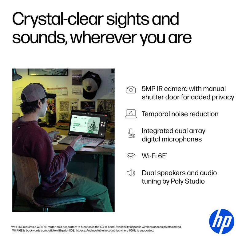 Crystal-clear sights and sounds, wherever you are

- 5MP IR camera with manual shutter door for added privacy
- Temporal noise reduction
- Integrated dual array digital microphones
- Wi-Fi 6E¹
- Dual speakers and audio tuning by Poly Studio

¹Wi-Fi 6E requires a Wi-Fi 6E router, sold separately, to function in the 6GHz band. Wi-Fi 6E is backwards compatible with prior 802.11 specs. And available in countries where 6GHz is supported. Availability of public wireless access points limited.