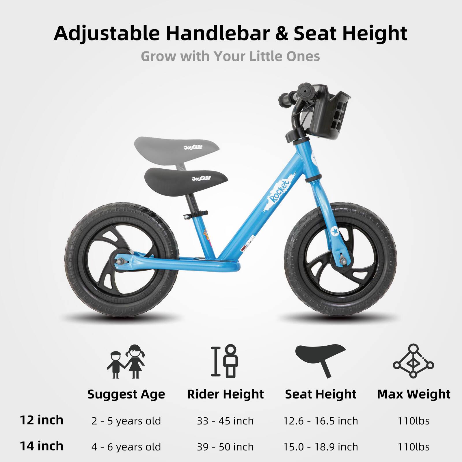 Adjustable Handlebar & Seat Height  
Grow with Your Little Ones  

Suggest Age | Rider Height | Seat Height | Max Weight  
12 inch | 2 - 5 years old | 33 - 45 inch | 12.6 - 16.5 inch | 110lbs  
14 inch | 4 - 6 years old | 39 - 50 inch | 15.0 - 18.9 inch | 110lbs