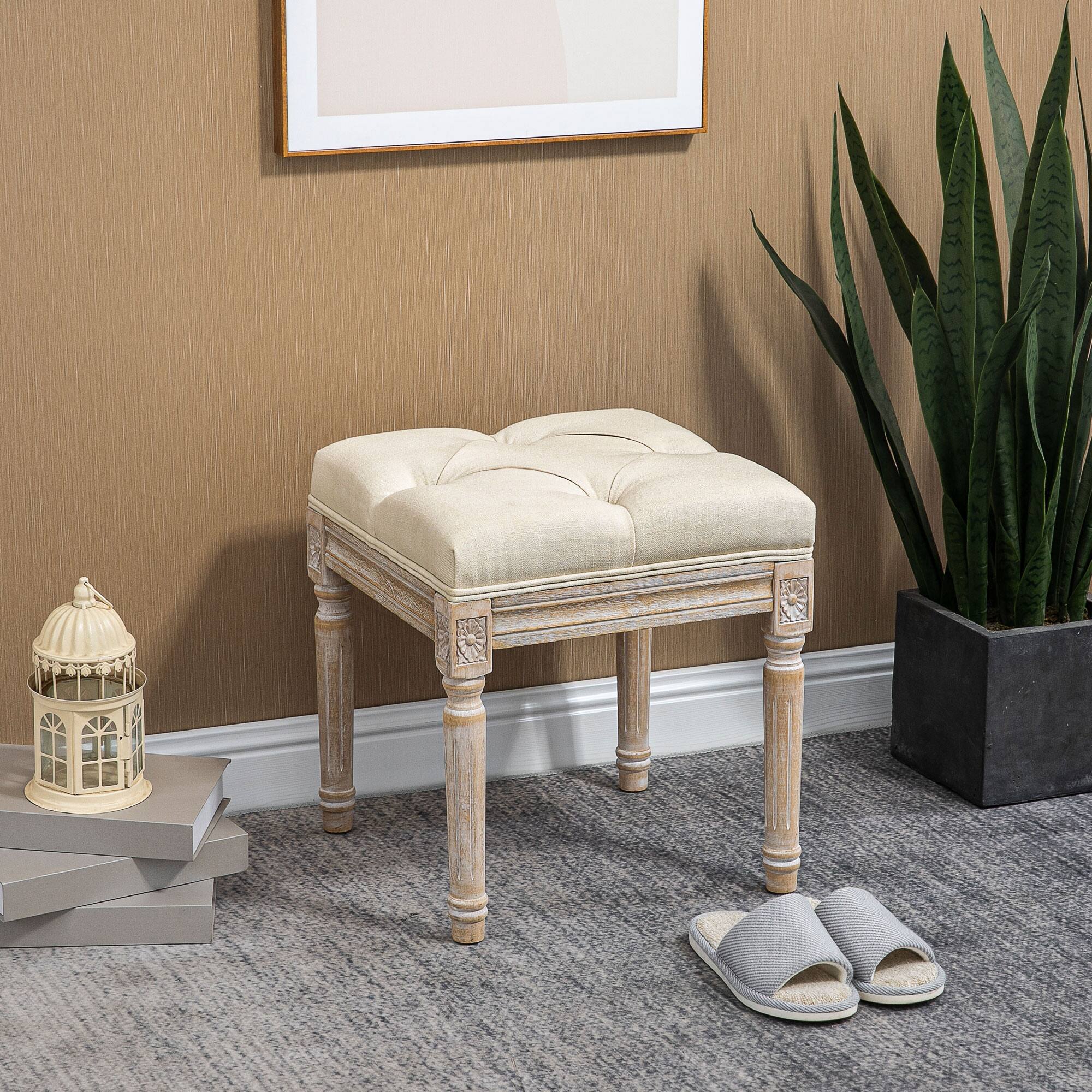 Alt View 1. Homcom - Ottoman Bench Vintage Footrest w/ Button Tufted Seat - Beige.