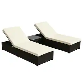 Outsunny - Chaise Lounge Chair Set of 2 with 5 Angle Backrest, Outdoor Coffee Table, Water Repellent Cushions - Dark Brown/Cream White