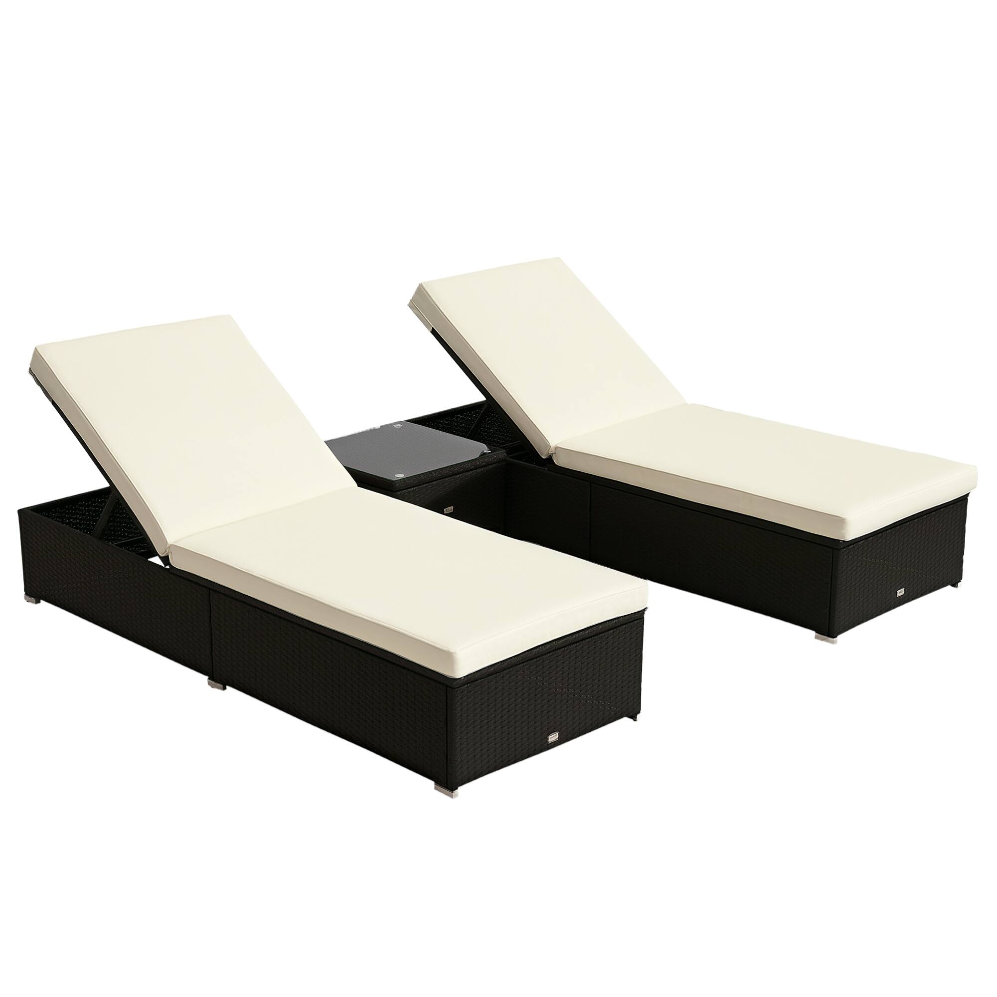 Front. Outsunny - Chaise Lounge Chair Set of 2 with 5 Angle Backrest, Outdoor Coffee Table, Water Repellent Cushions - Dark Brown/Cream White.
