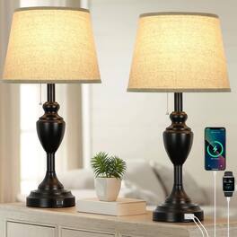 Nordic Hygge - 24" Tall Table Lamps with 2 USB Charging Ports, Farmhouse Rustic Bedside Nightstand Lamps for Bedrooms Set of 2 - Beige & Black